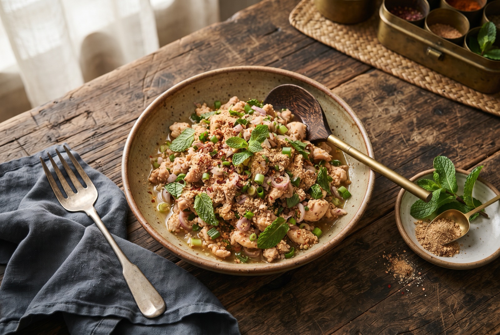 Warm minced chicken salad piled with mint, shallot and scallion, dusted with toasted rice powder, beside sticky rice