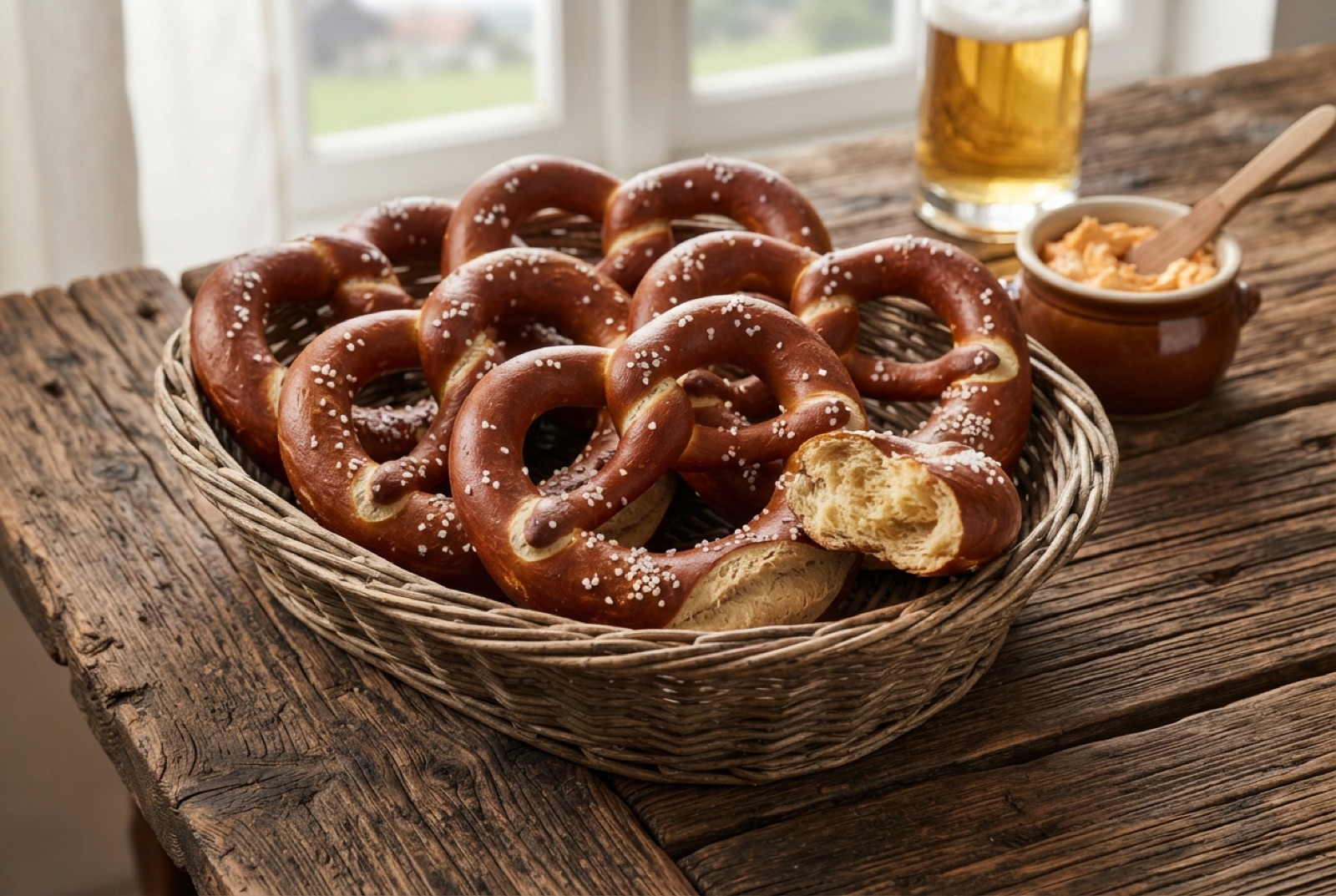 Deep brown glossy German lye pretzels with coarse salt and a split belly cooling on a wire rack