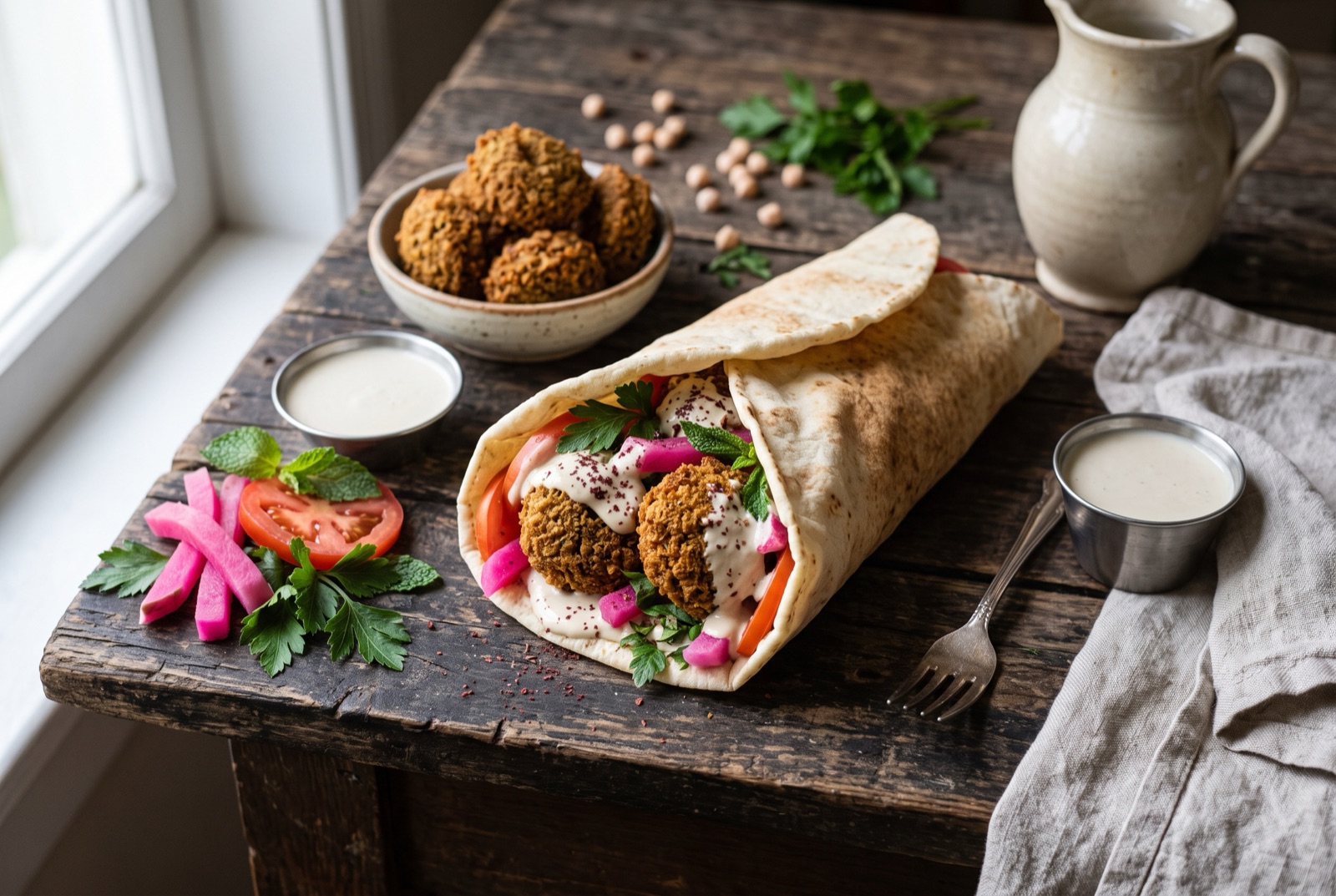 Craggy fried falafel fritters with green centers rolled into flatbread with tahini sauce, tomato and pink pickled turnip