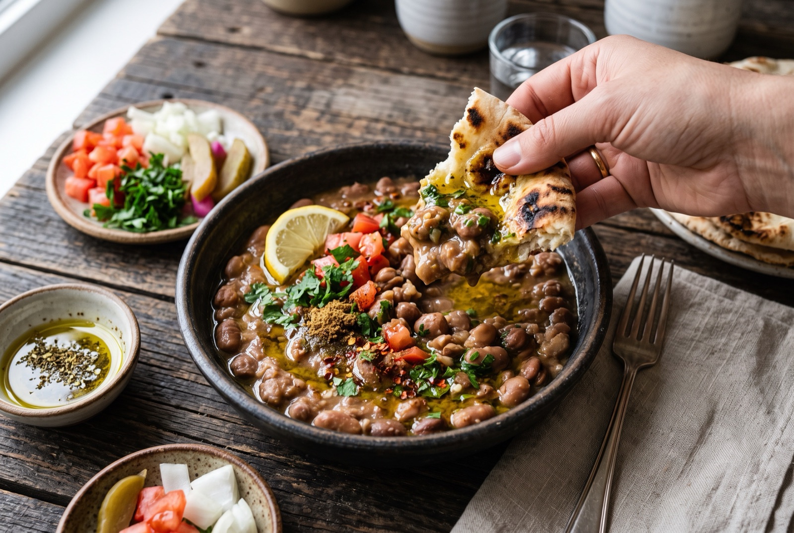 Wide bowl of warm crushed fava beans topped with olive oil, diced tomato and parsley beside flatbread