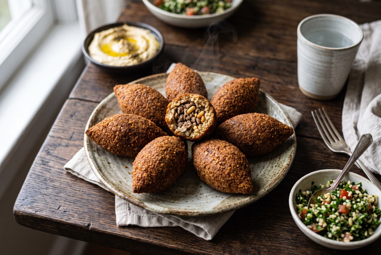Golden fried kibbeh torpedoes on a plate, one split open to show the spiced lamb and pine nut filling