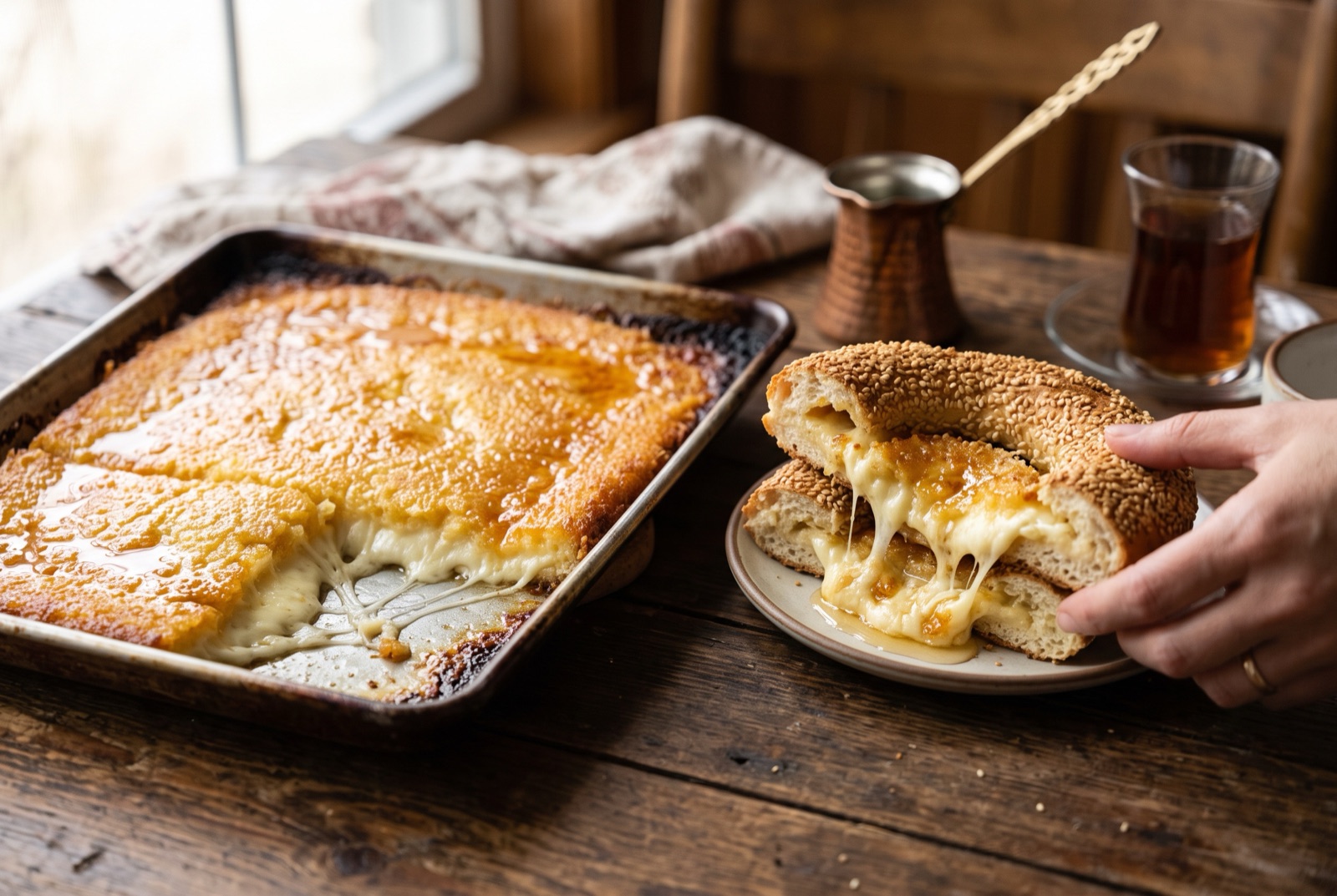 Wedge of knefeh lifted from the tray with molten cheese stretching under a golden semolina crust and chopped pistachios on top