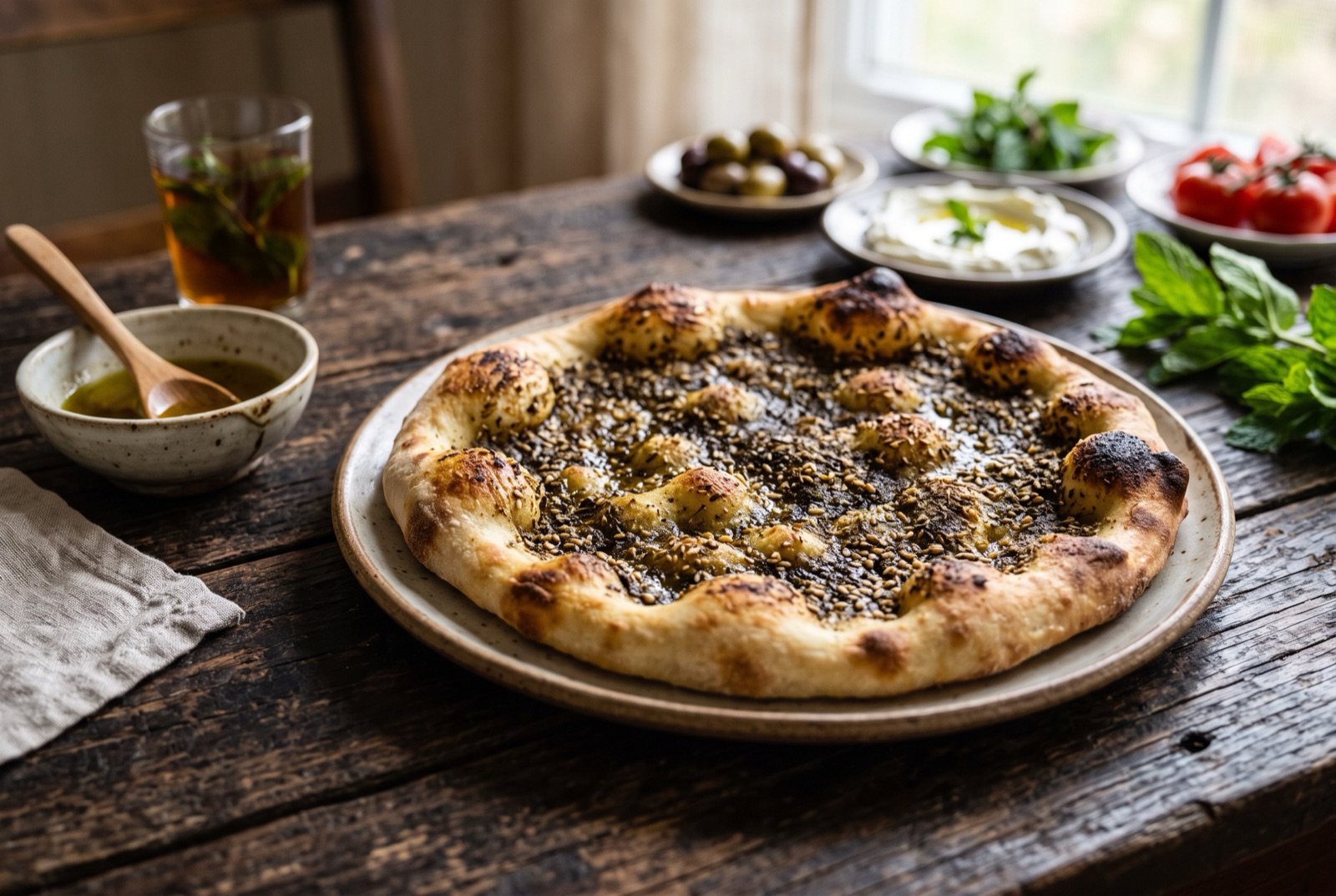 Round za'atar flatbreads fresh from the oven, dark green herb topping with blistered puffed rims