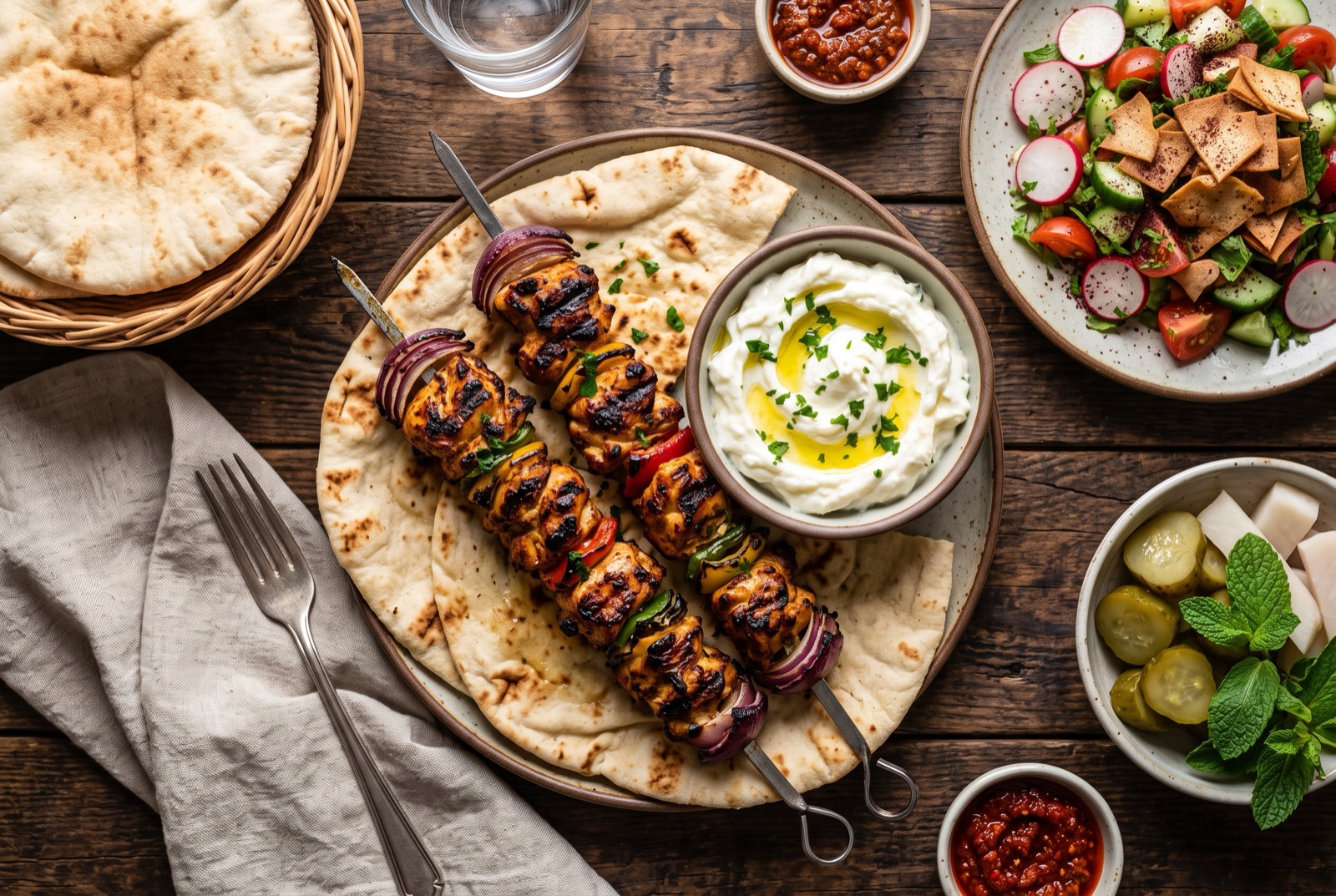 Charred chicken skewers on a platter with a bowl of white whipped garlic toum and flatbread