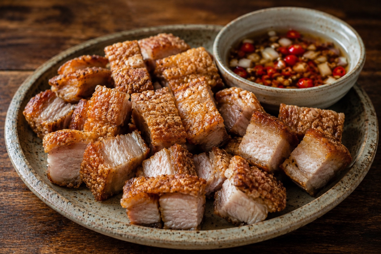 Chopped lechon kawali with blistered golden pork crackling and juicy fat, beside a saucer of garlic vinegar dip
