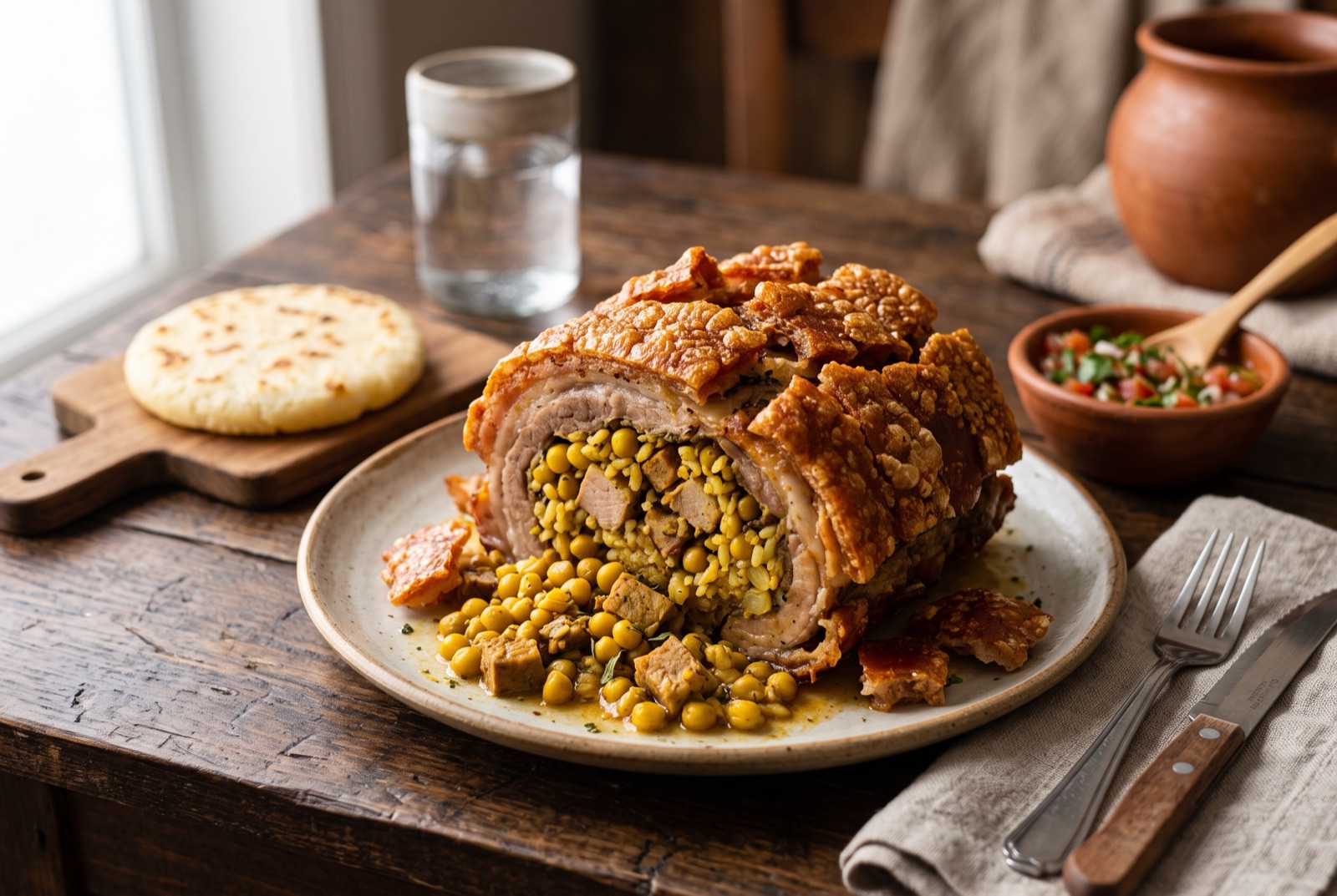 Sliced rolled pork roast with blistered golden crackling revealing a yellow split pea and pork stuffing