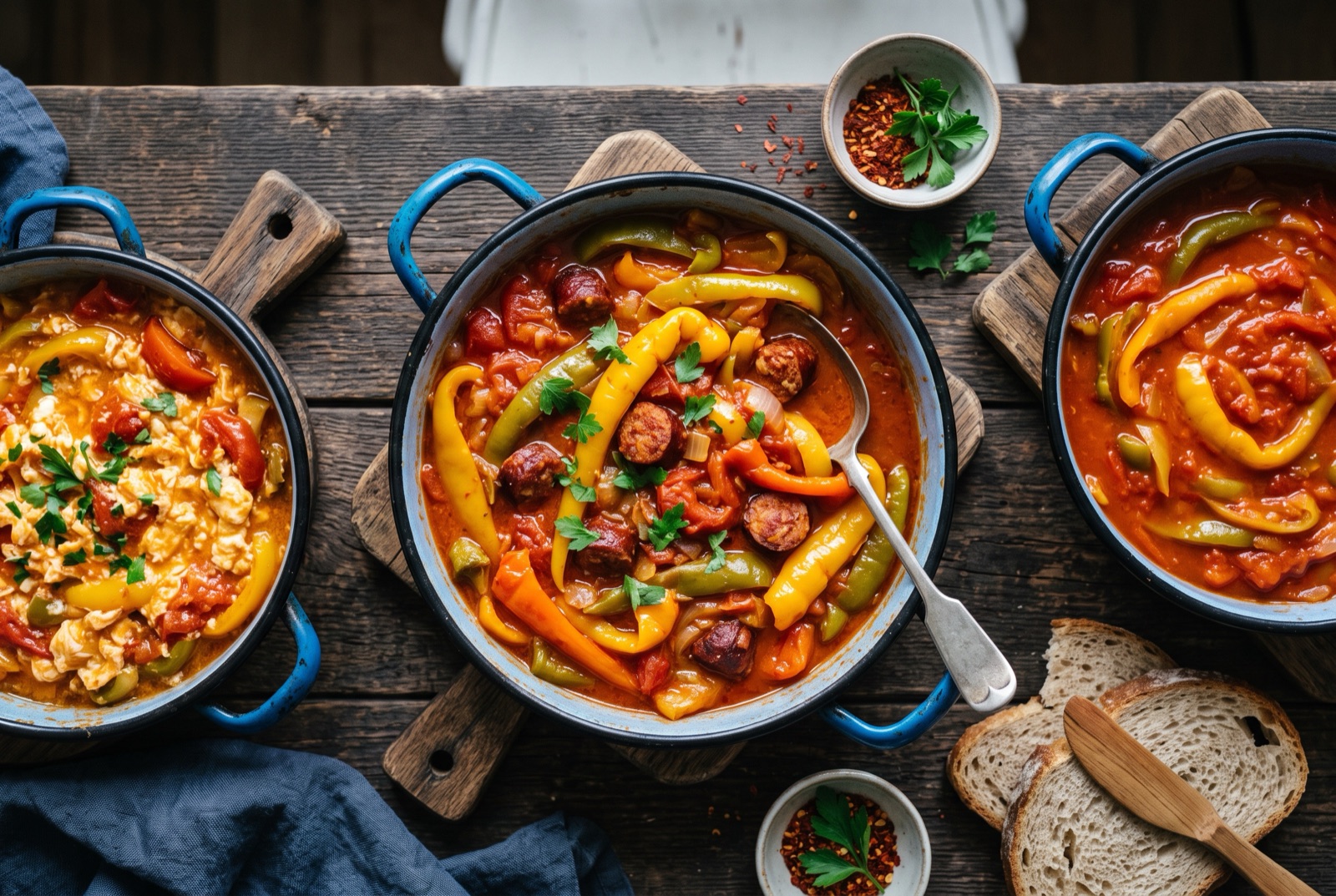 Pan of Hungarian lecso with yellow pepper rings and collapsed tomato in glossy red paprika sauce