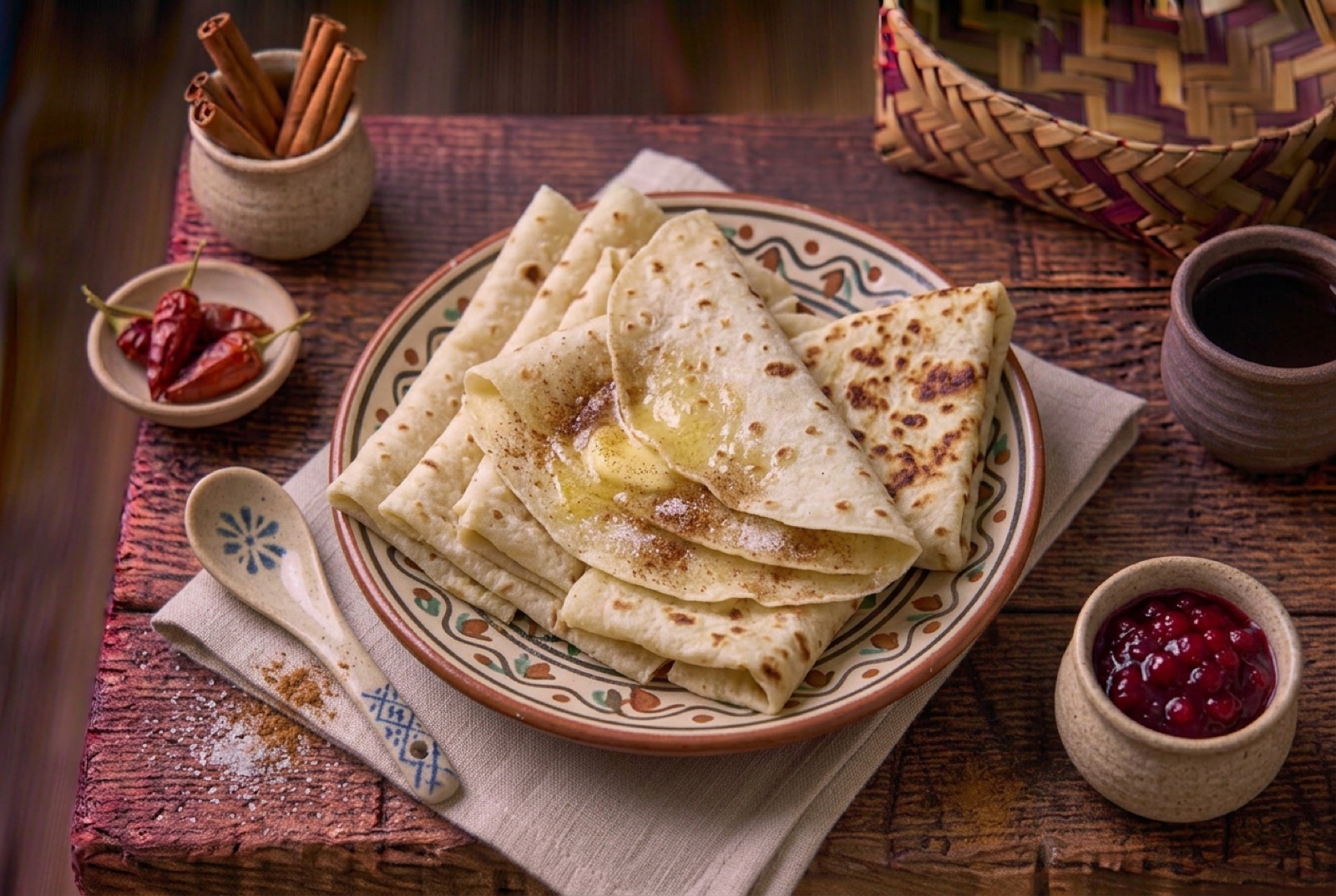 Stack of thin Norwegian potato lefse with brown freckles, one folded with butter, sugar and cinnamon