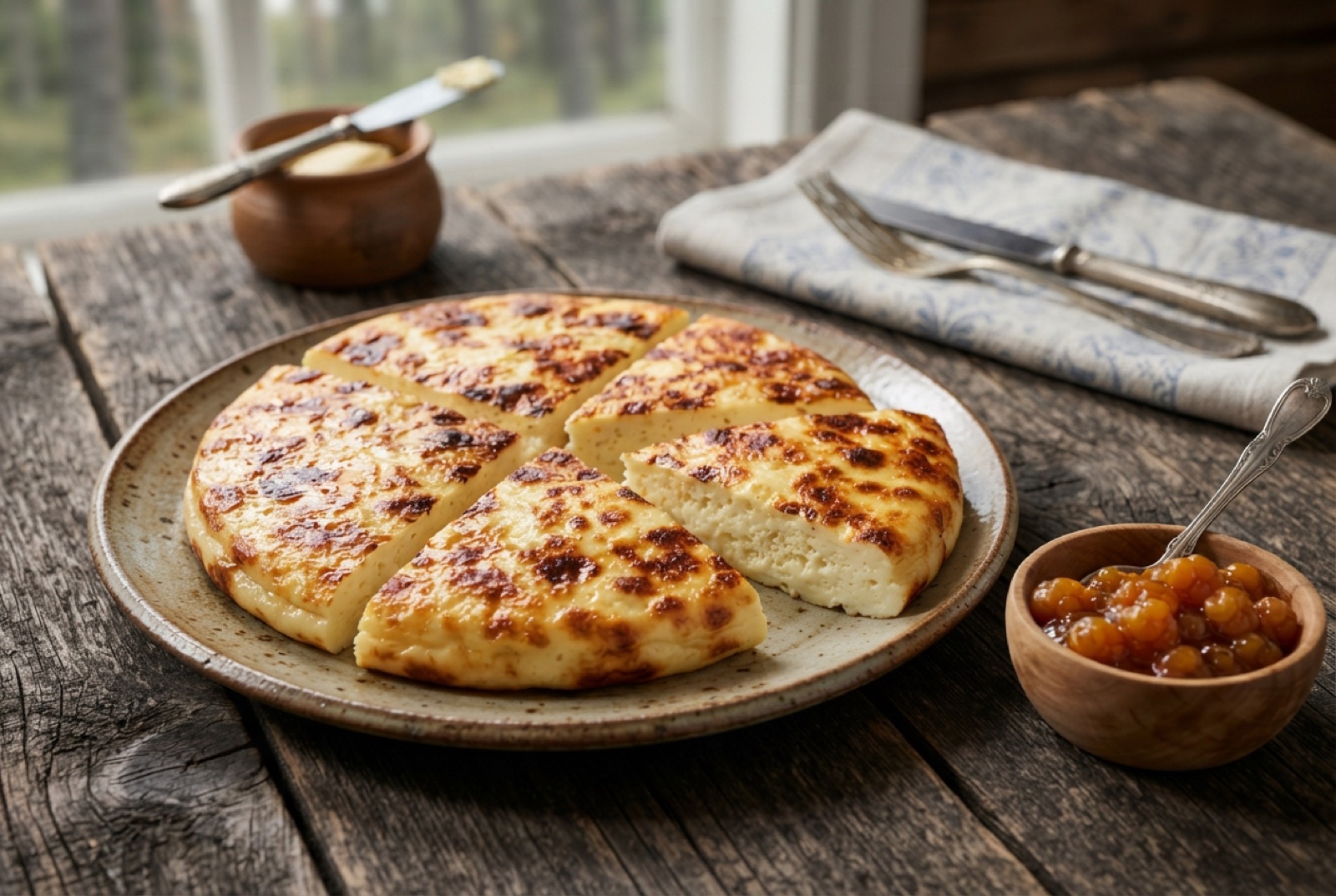 Round of Finnish bread cheese with dark grilled leopard spots, cut in wedges beside orange cloudberry jam