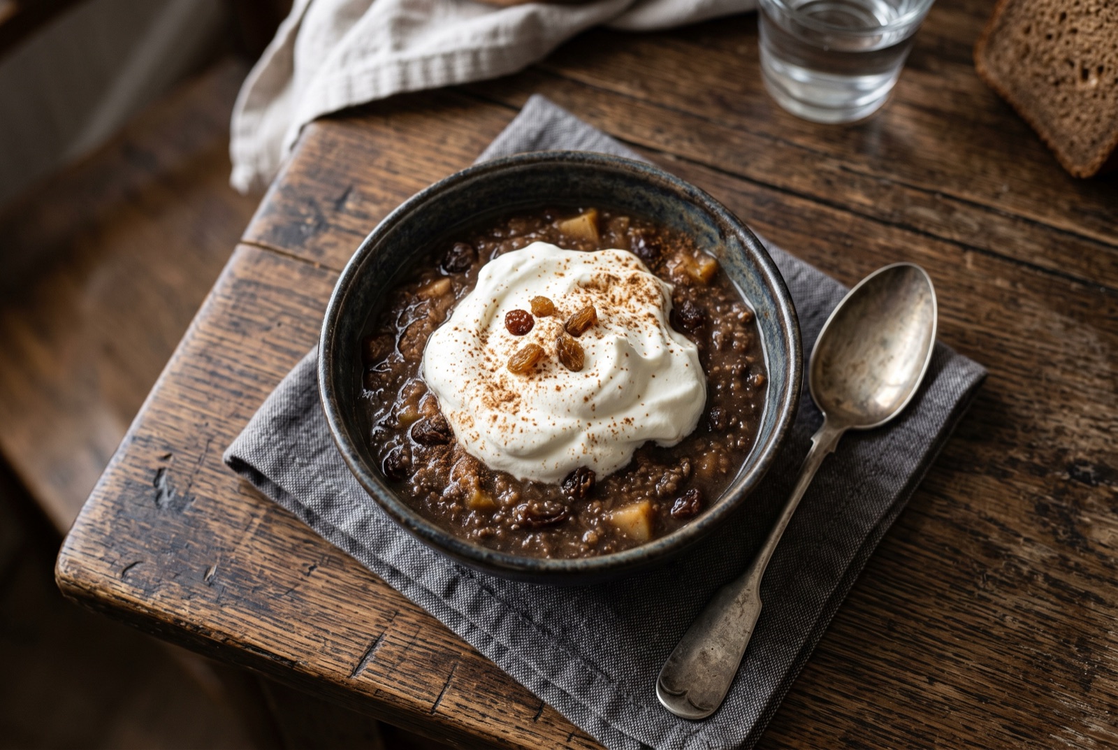 Glass of thick dark Estonian rye bread soup topped with whipped cream and toasted rye crumbs