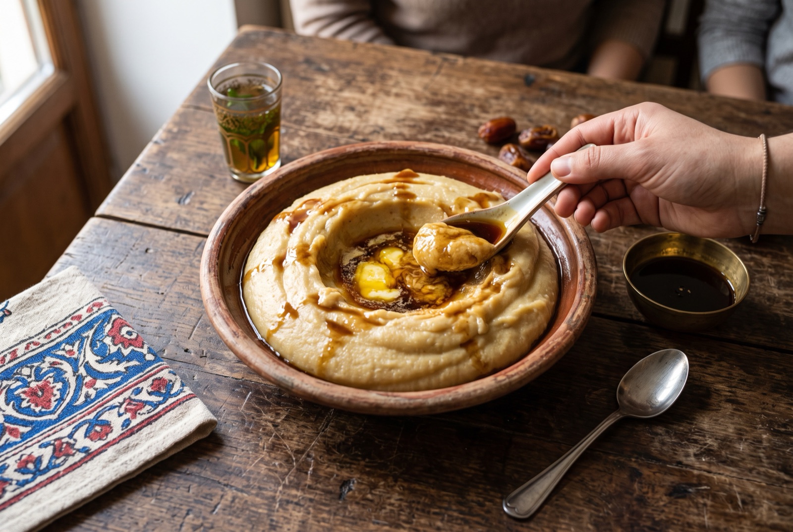 A smooth mound of Libyan asida in a bowl with a deep well of melted butter and dark date syrup in its centre