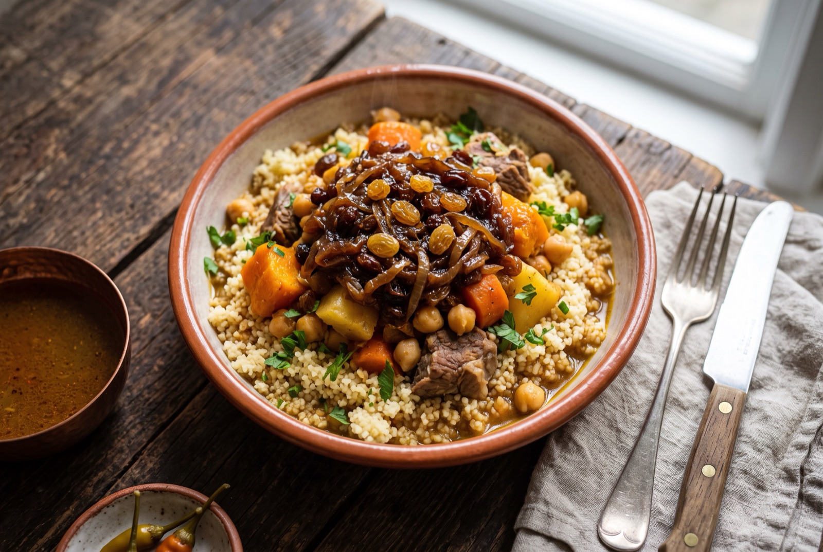 A wide tray of Libyan couscous topped with lamb, pumpkin wedges, chickpeas and a crown of caramelised onions with raisins