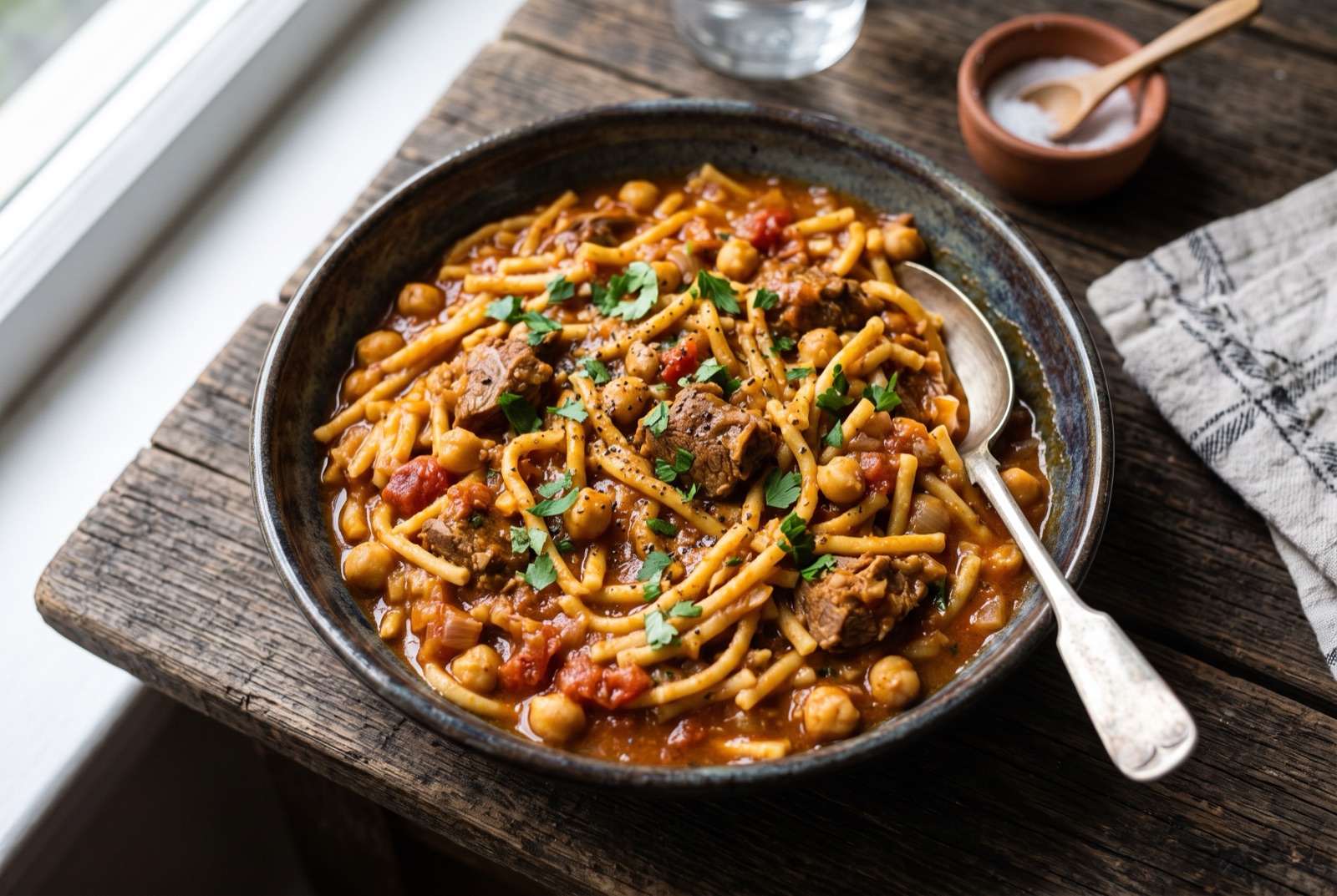 A deep bowl of short hand-cut Libyan noodles in thick tomato sauce with lamb, chickpeas and chopped parsley