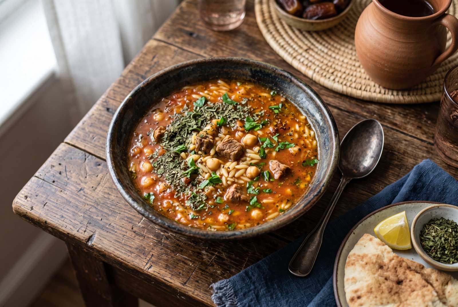 A bowl of rust-orange Libyan lamb soup with orzo and chickpeas, scattered with dried mint and parsley