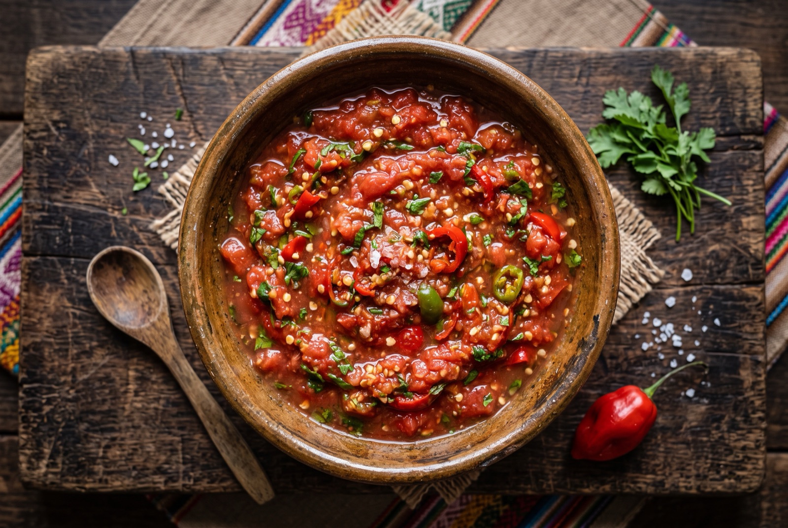 Bowl of deep red Bolivian llajua salsa with visible chilli seeds and flecks of green herb, beside a stone grinding batan