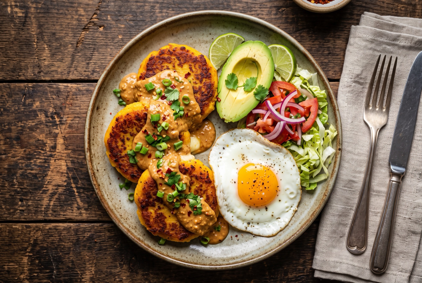 Two golden Ecuadorian potato patties under peanut sauce with a fried egg, avocado slices and tomato salad