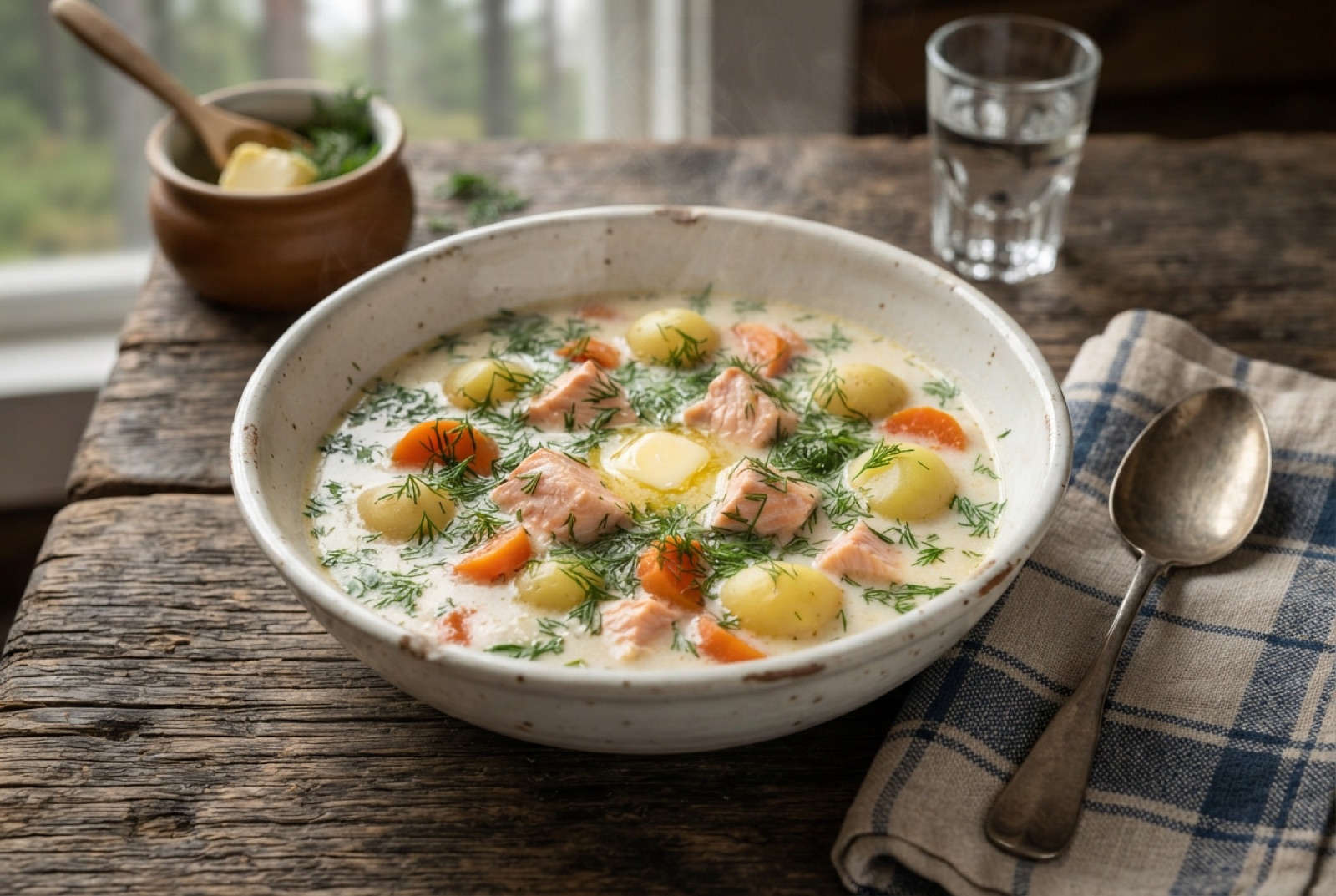 Bowl of Finnish salmon soup with potato cubes in pale cream broth, flecked with dill and melting butter