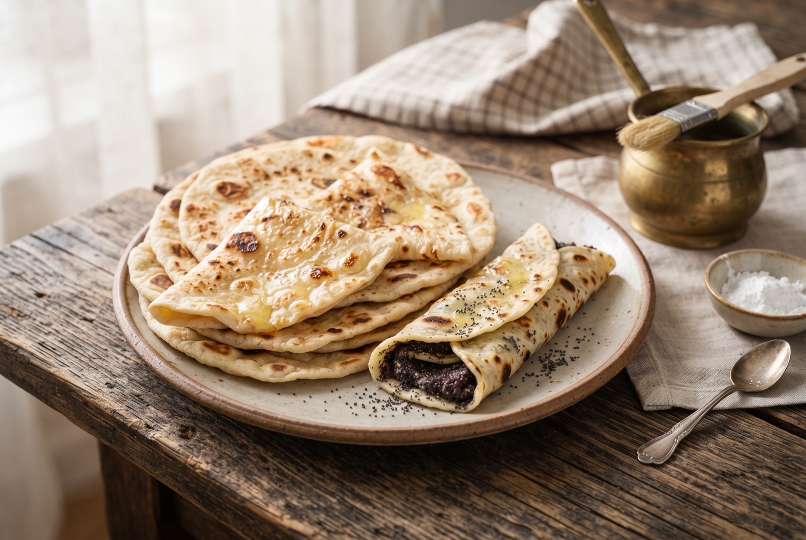 Stack of thin Slovak lokše potato flatbreads freckled with dark blisters, one rolled with poppy seed and sugar