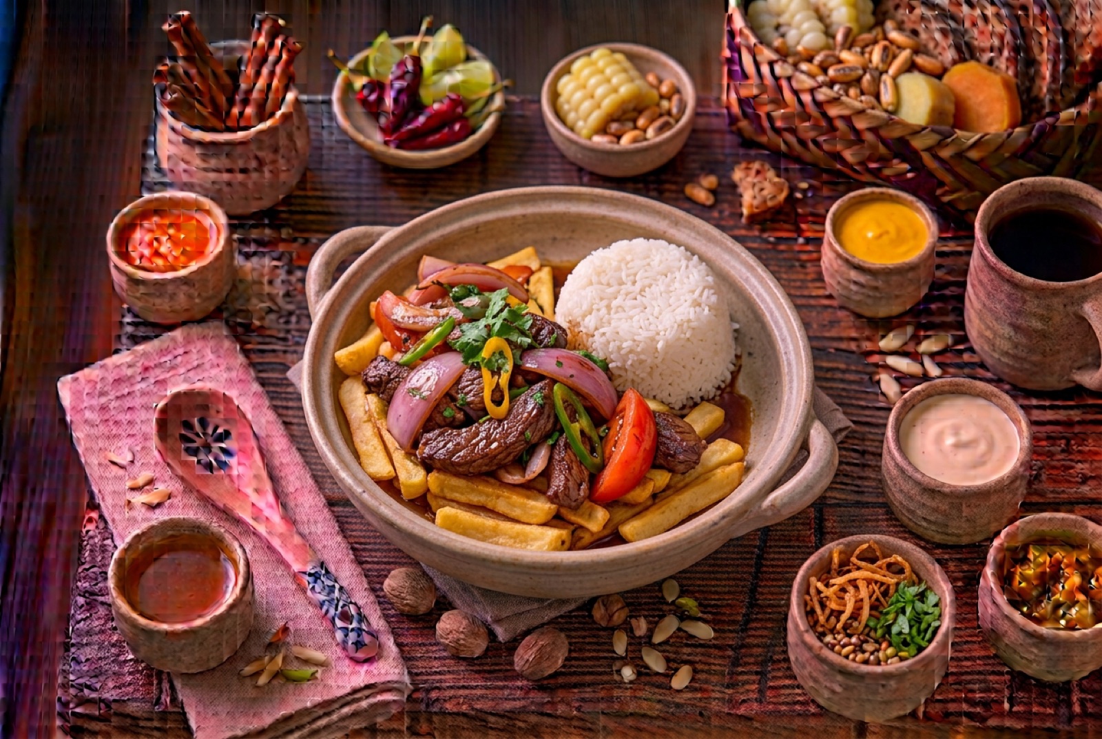 Peruvian lomo saltado — seared beef strips with onion and tomato wedges over french fries, rice alongside