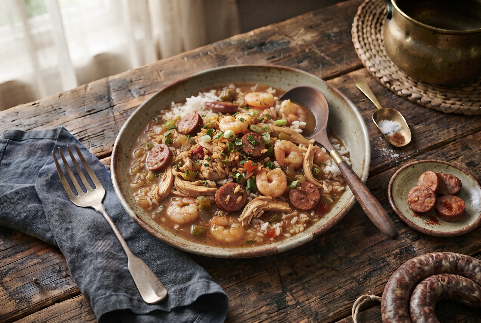 Dark brown Louisiana gumbo with shrimp, andouille slices and okra ladled around a mound of white rice in a wide bowl