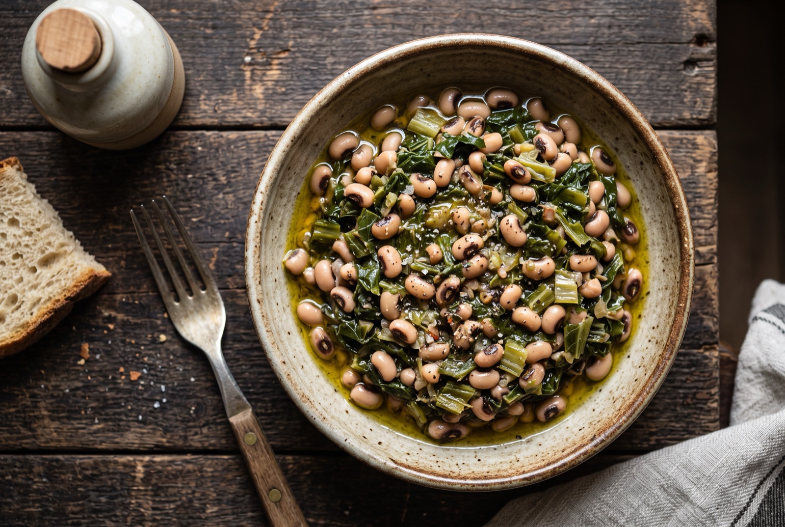 Bowl of Cypriot black-eyed peas with wilted chard, glossy with olive oil and a lemon wedge on the rim