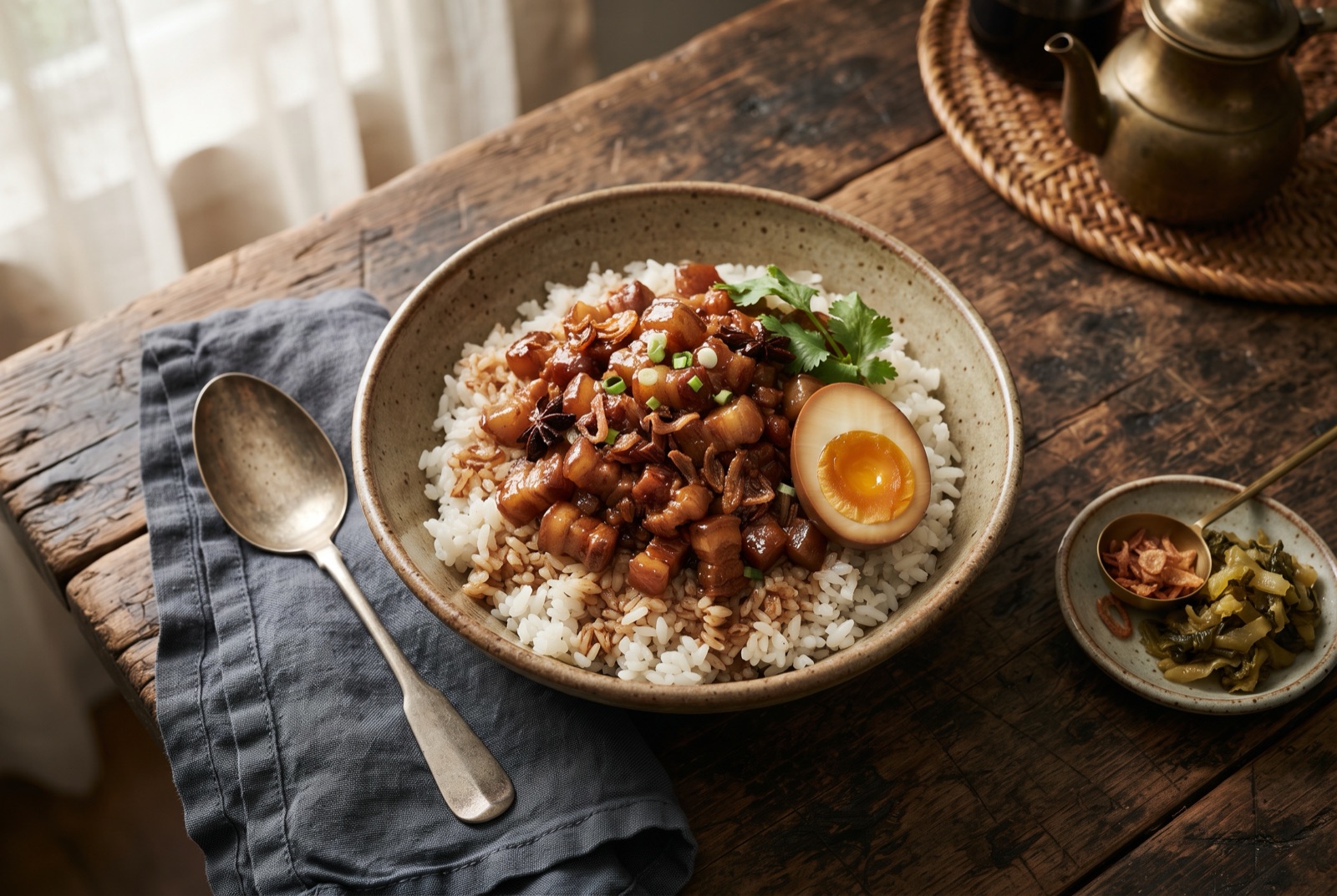 Small bowl of Taiwanese lu rou fan, glossy diced braised pork belly over white rice with a halved soy-braised egg