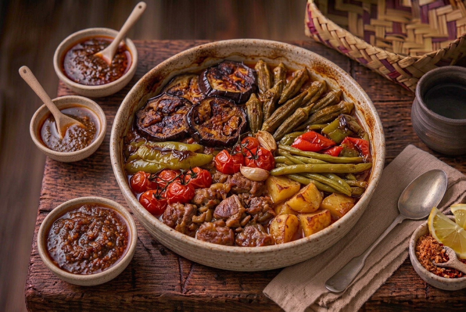 Wide baking pan of collapsed aubergine, okra, peppers and potato over lamb with browned edges