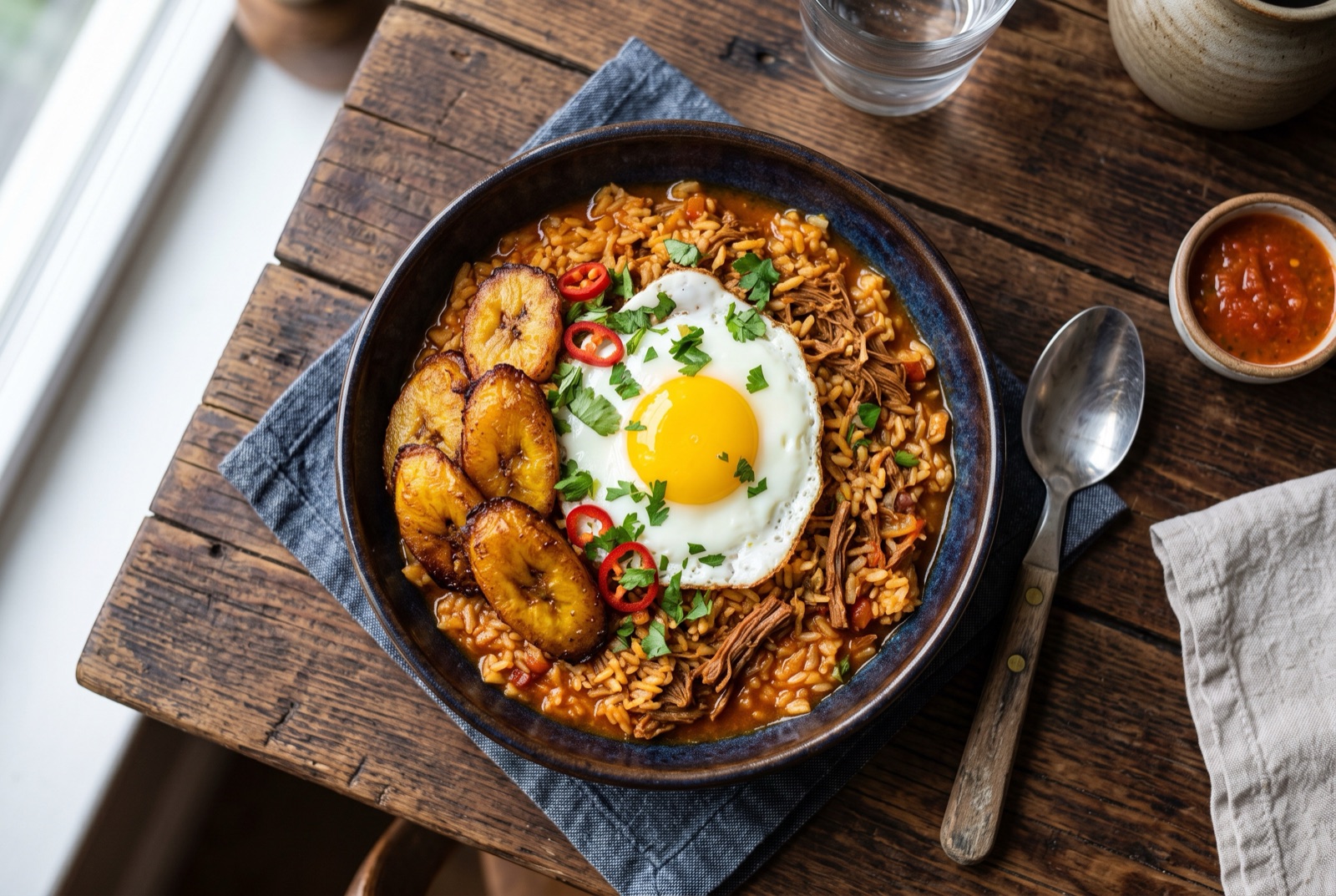 Plate of Bolivian majadito — orange annatto rice with shredded dried beef, fried plantain slices and a fried egg on top