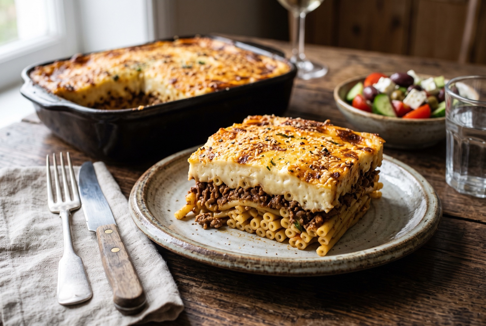 Slice of Cypriot baked pasta showing bucatini, cinnamon meat sauce and a golden halloumi béchamel top
