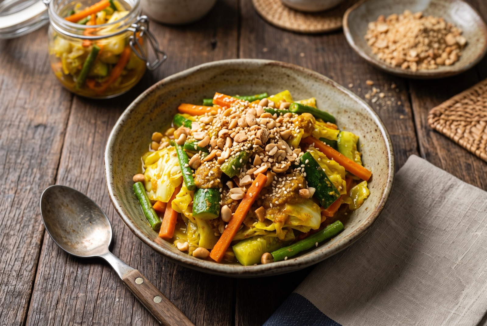 Bowl of yellow spiced pickled vegetables — carrot, cucumber and cabbage batons — dusted with ground peanuts and sesame