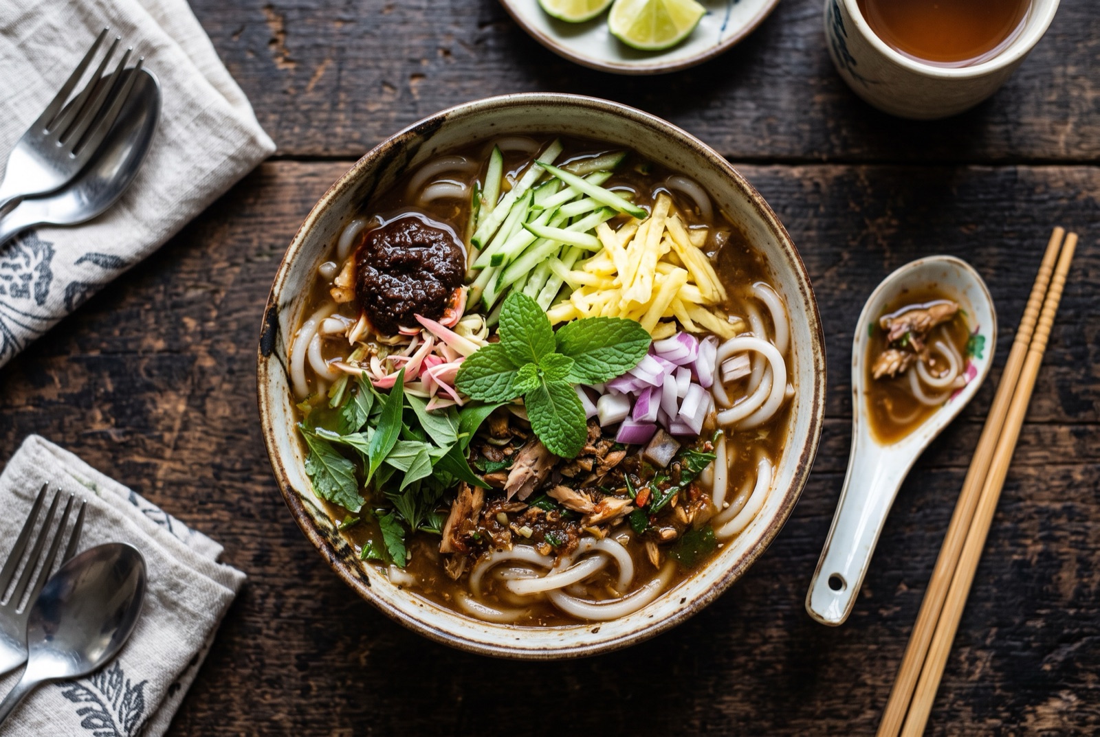 Bowl of sour tamarind fish laksa with thick rice noodles, shredded pineapple, cucumber, red onion and mint