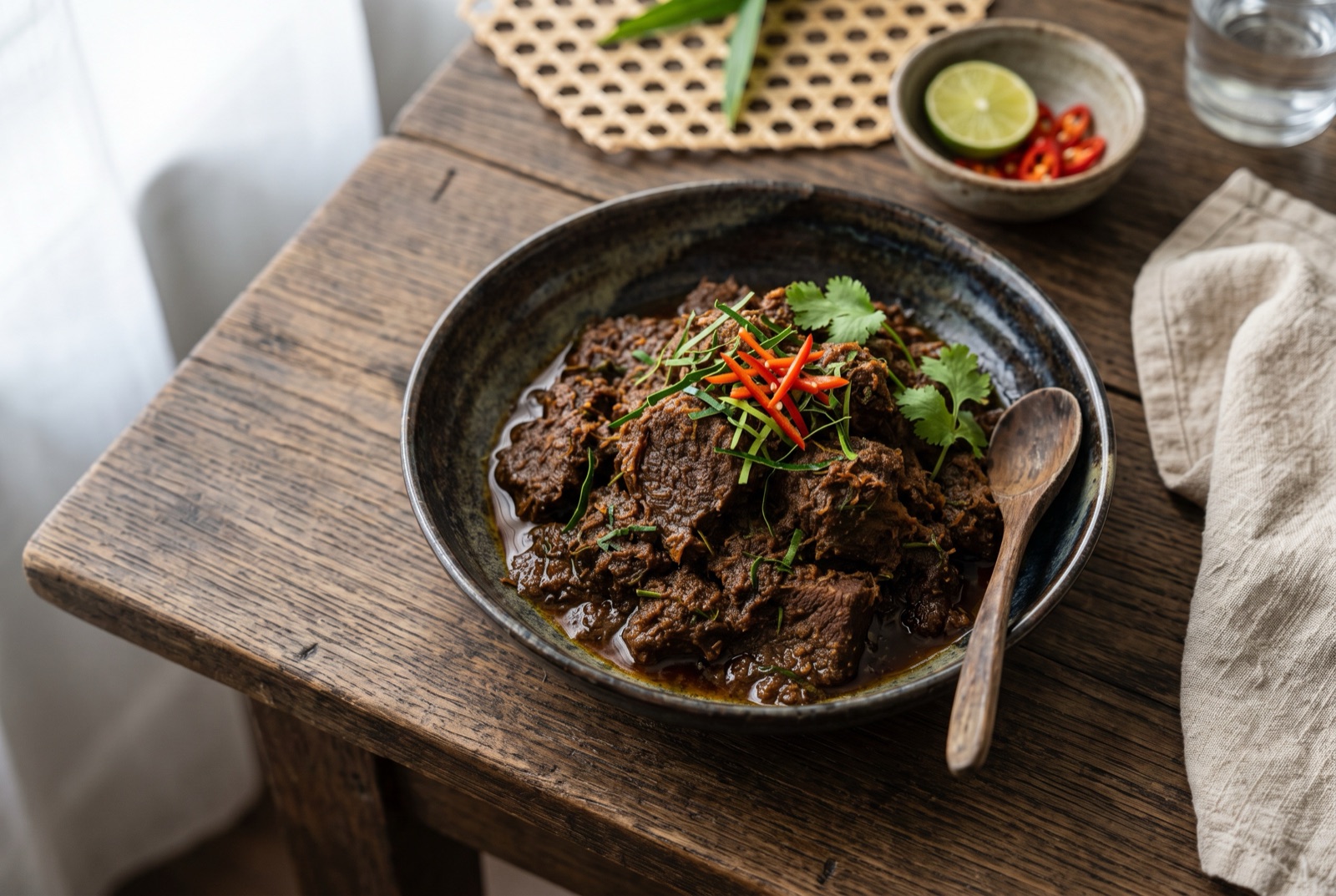 Dark shredded beef rendang in a heavy pan, coated in dry spiced coconut paste with lemongrass and lime leaves