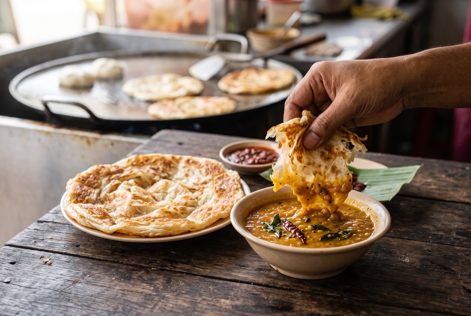 Blistered flaky roti canai torn open beside a bowl of yellow dhal on a metal plate