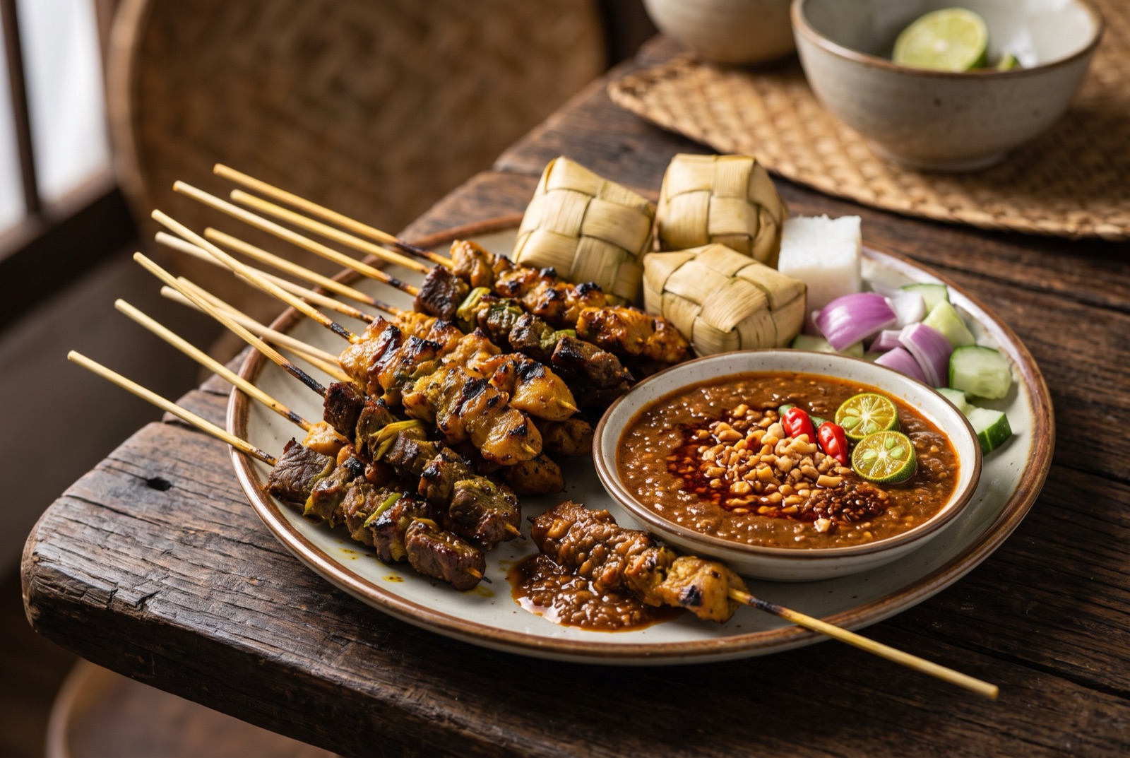 Charred beef satay skewers on a plate with a bowl of coarse peanut sauce, raw onion wedges and cucumber