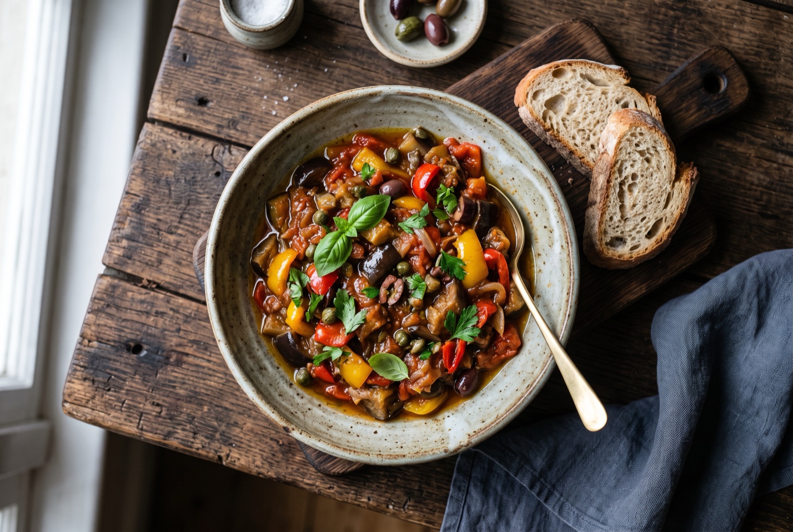 Bowl of Maltese kapunata with browned aubergine cubes, peppers, olives and capers in thick tomato