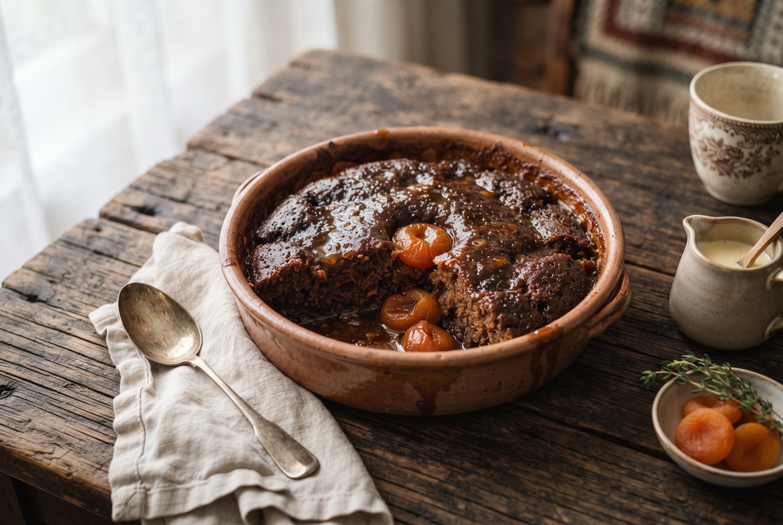 Warm malva pudding in a baking dish, dark sticky sponge with cream sauce soaking in and a spoonful lifted out