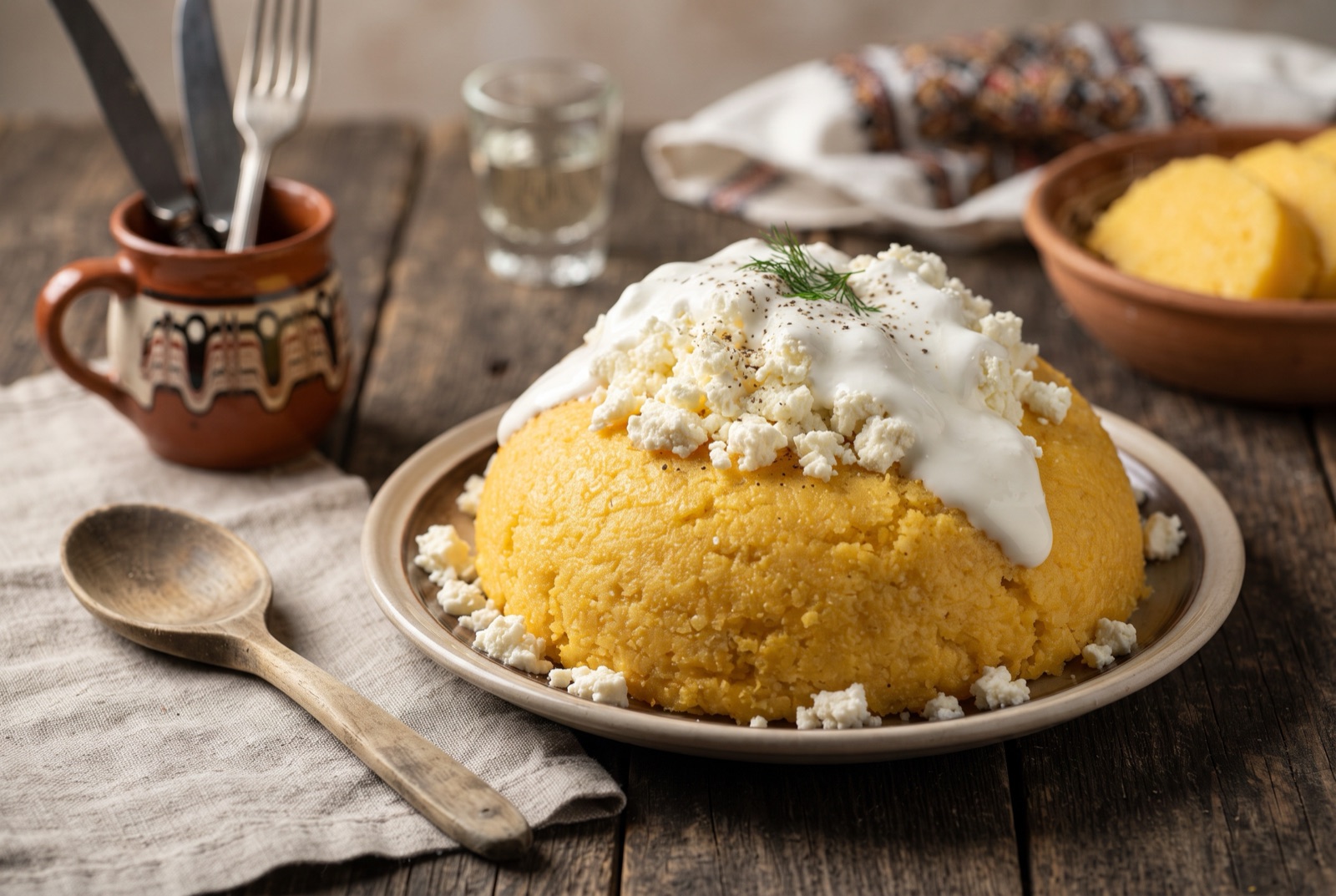 Wedge of firm yellow Romanian polenta on a wooden board layered with crumbled white sheep cheese and sour cream