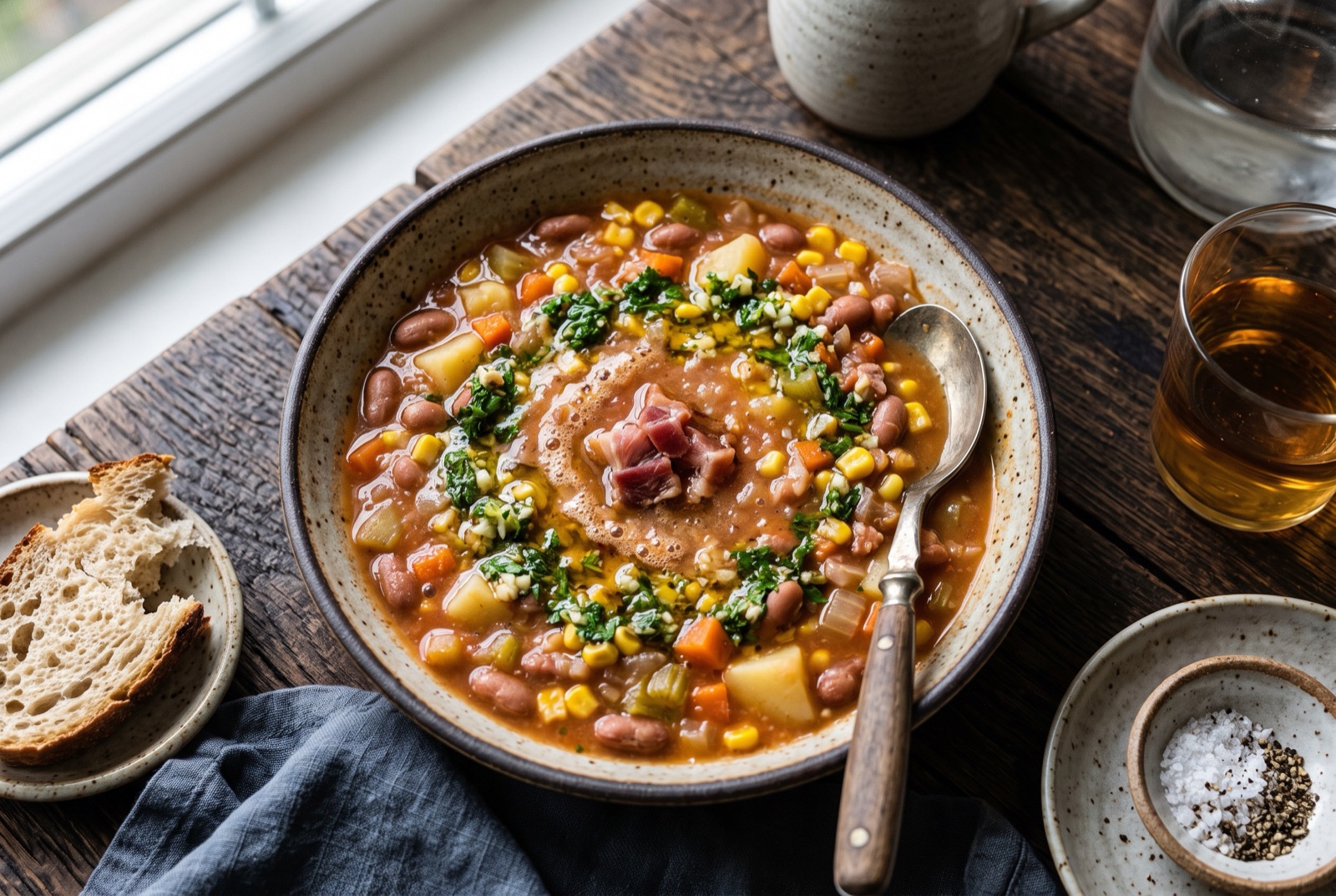 Deep bowl of thick Istrian maneštra with borlotti beans, corn kernels, potato and shreds of smoked pork