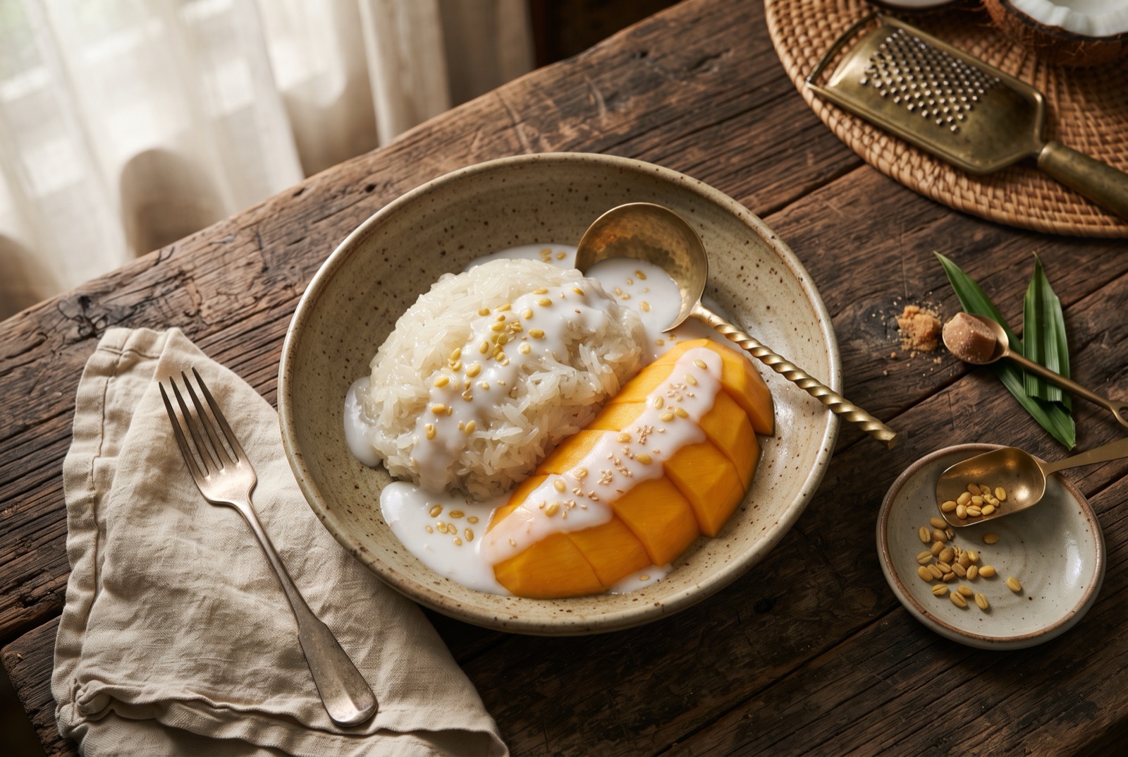 Mound of glossy coconut sticky rice beside fanned slices of golden mango, drizzled with coconut sauce and toasted sesame