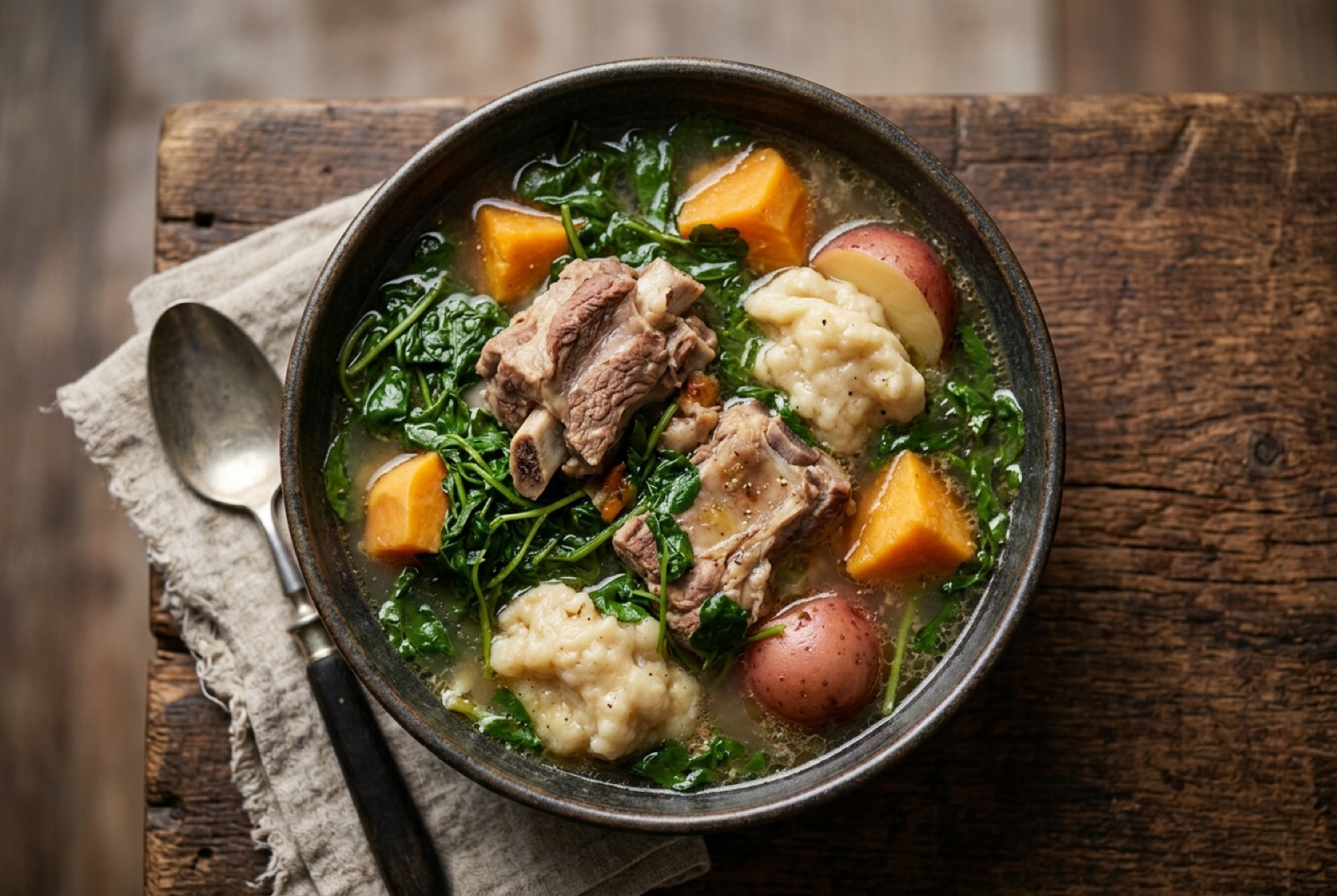 Bowl of Māori boil up with pork bones, kūmara, dark watercress and a puffed doughboy dumpling in clear broth