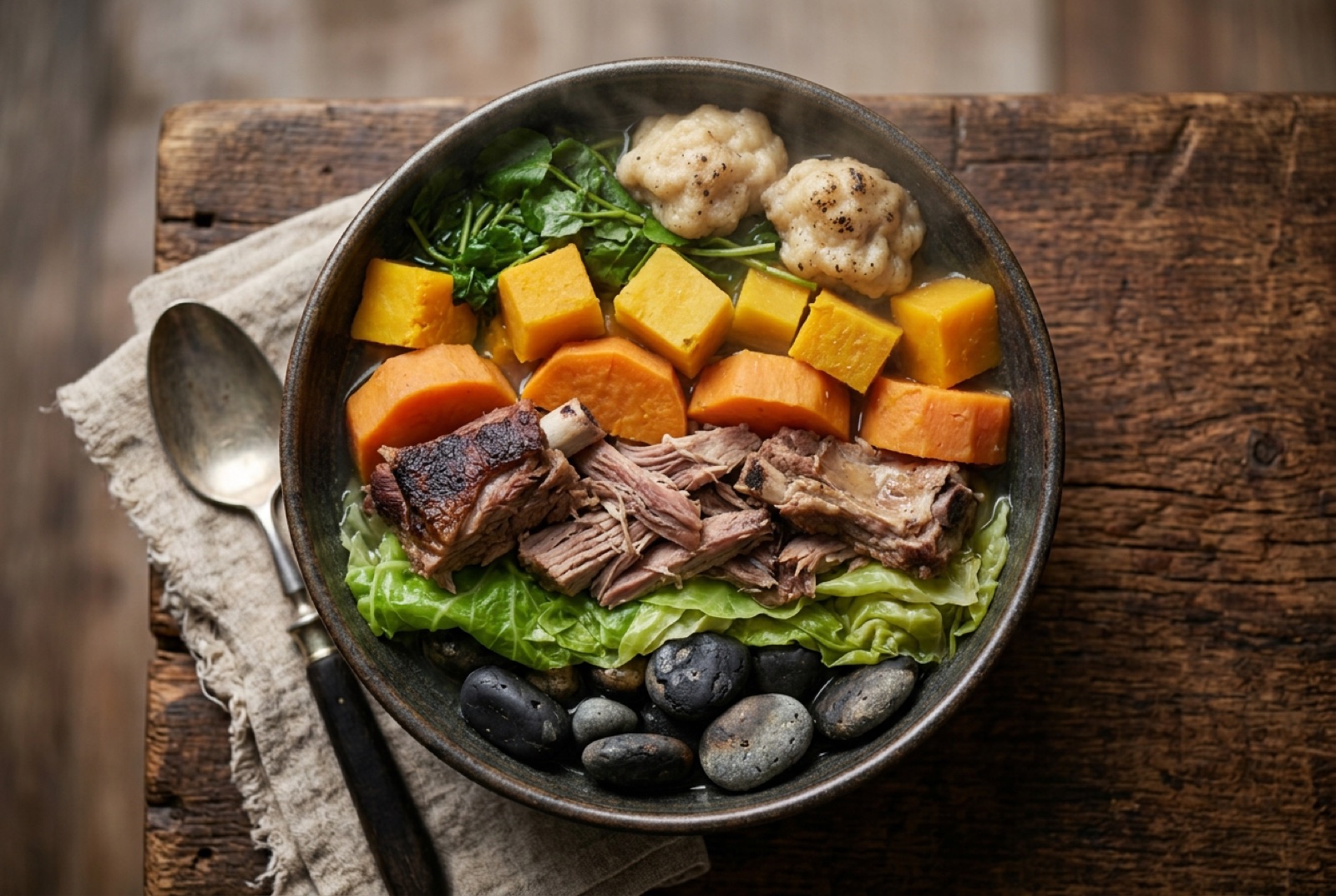 Steaming hāngī plate of pulled pork, chicken, kūmara, pumpkin and soft cabbage lifted from the tray