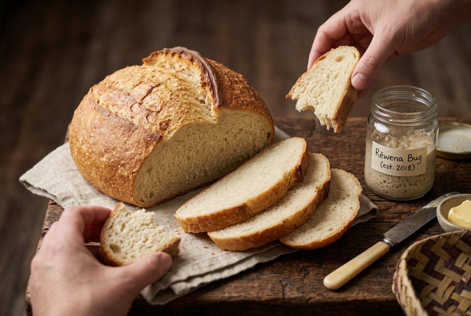 Round rēwena potato sourdough loaf with a dark slashed crust, cut open to show a close pale crumb