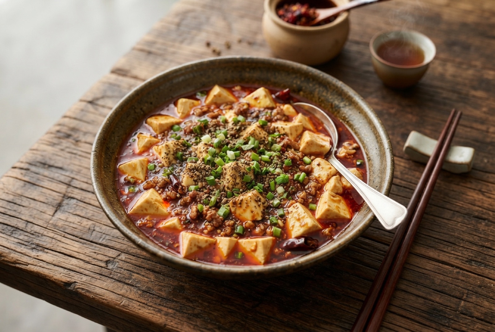 Mapo tofu with soft tofu cubes in glossy red chili-bean sauce, topped with scallions and ground Sichuan peppercorn