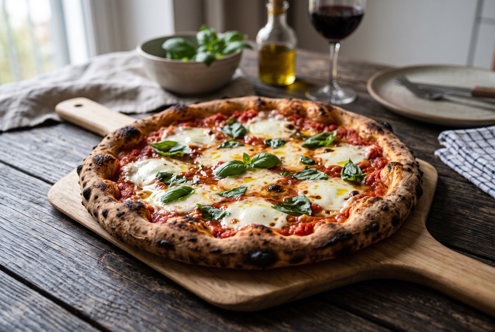Margherita pizza with blistered crust, melted mozzarella, tomato sauce and fresh basil leaves