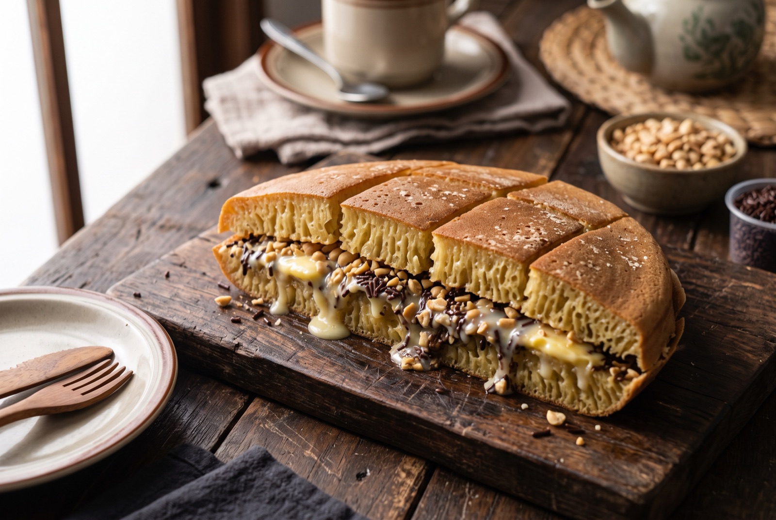 Thick folded Indonesian pancake wedge showing honeycomb crumb oozing chocolate, condensed milk and crushed peanuts