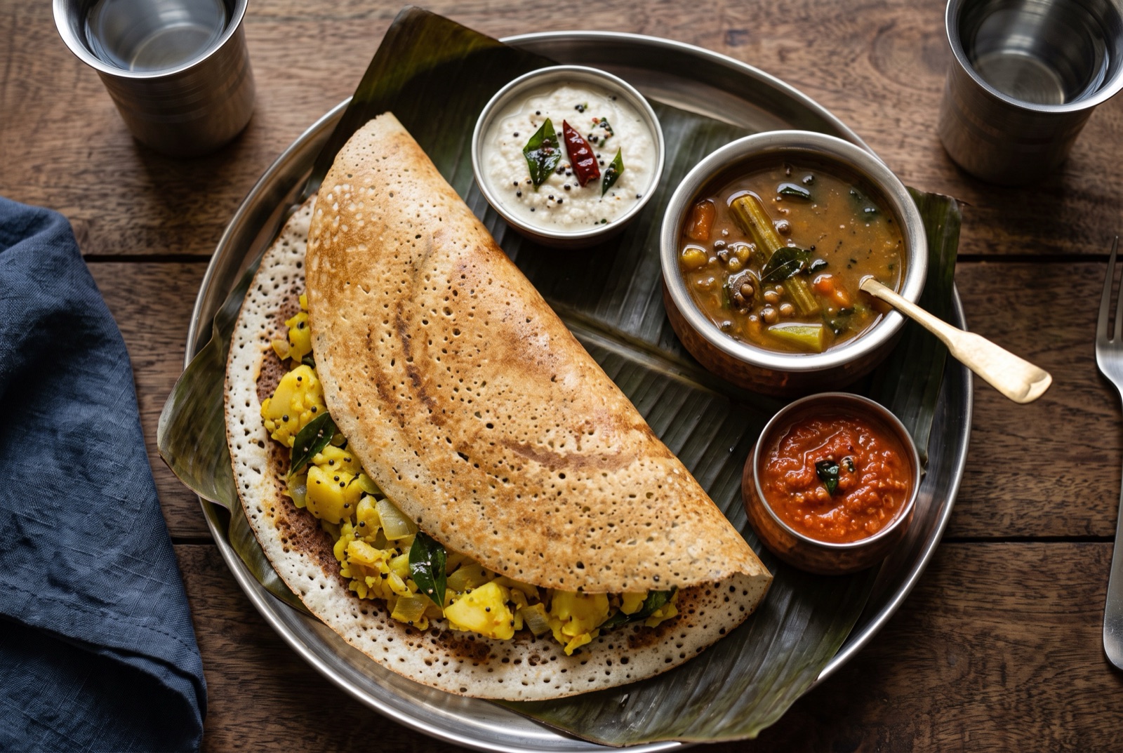 Golden crisp masala dosa folded over yellow potato filling, with coconut chutney and sambar alongside
