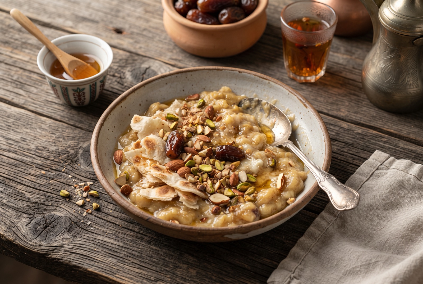 A bowl of Saudi masoub, mashed banana and bread topped with cream, honey drizzle and crushed pistachios
