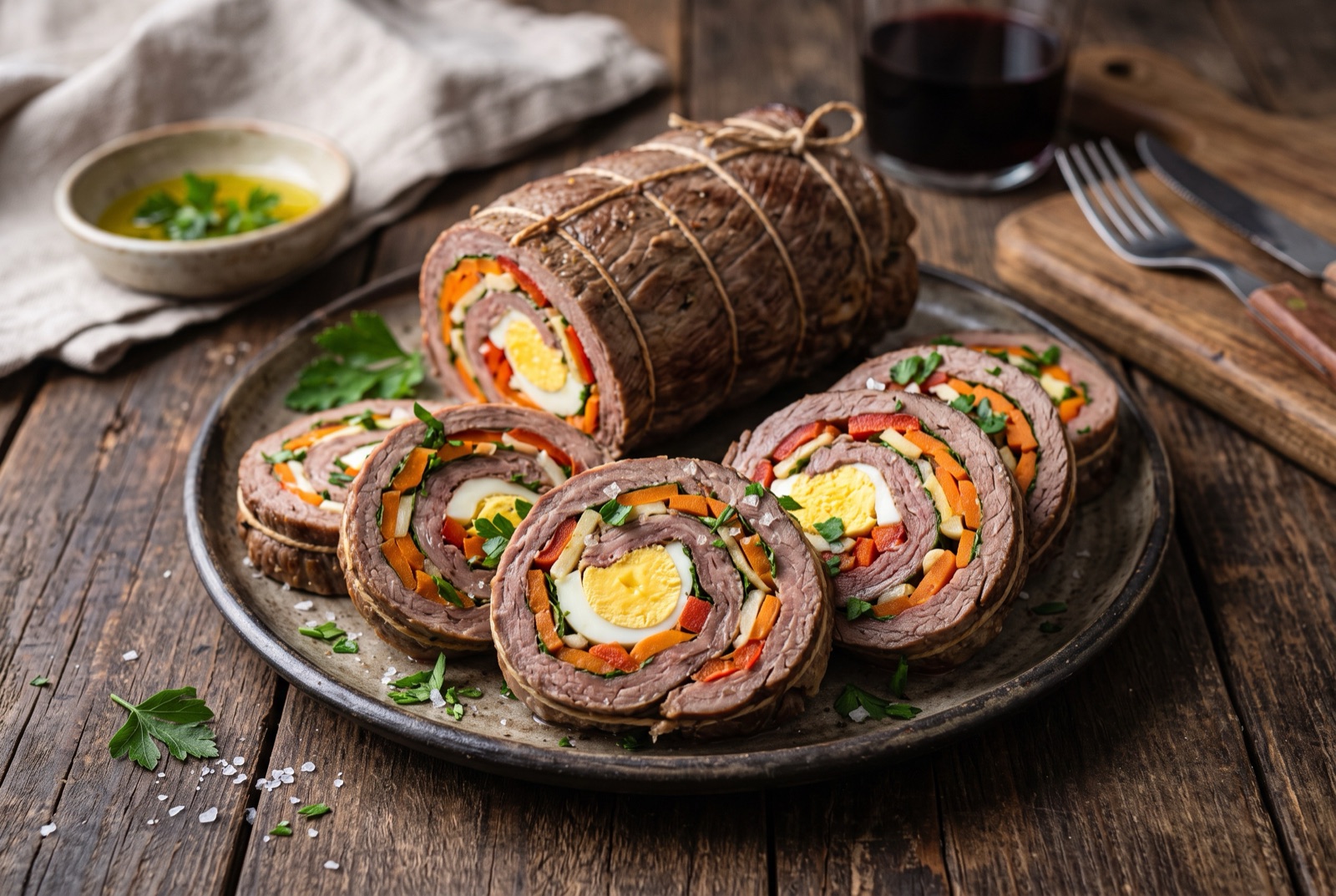 Sliced Argentine matambre arrollado showing spirals of beef around carrot, red pepper and hard-boiled egg
