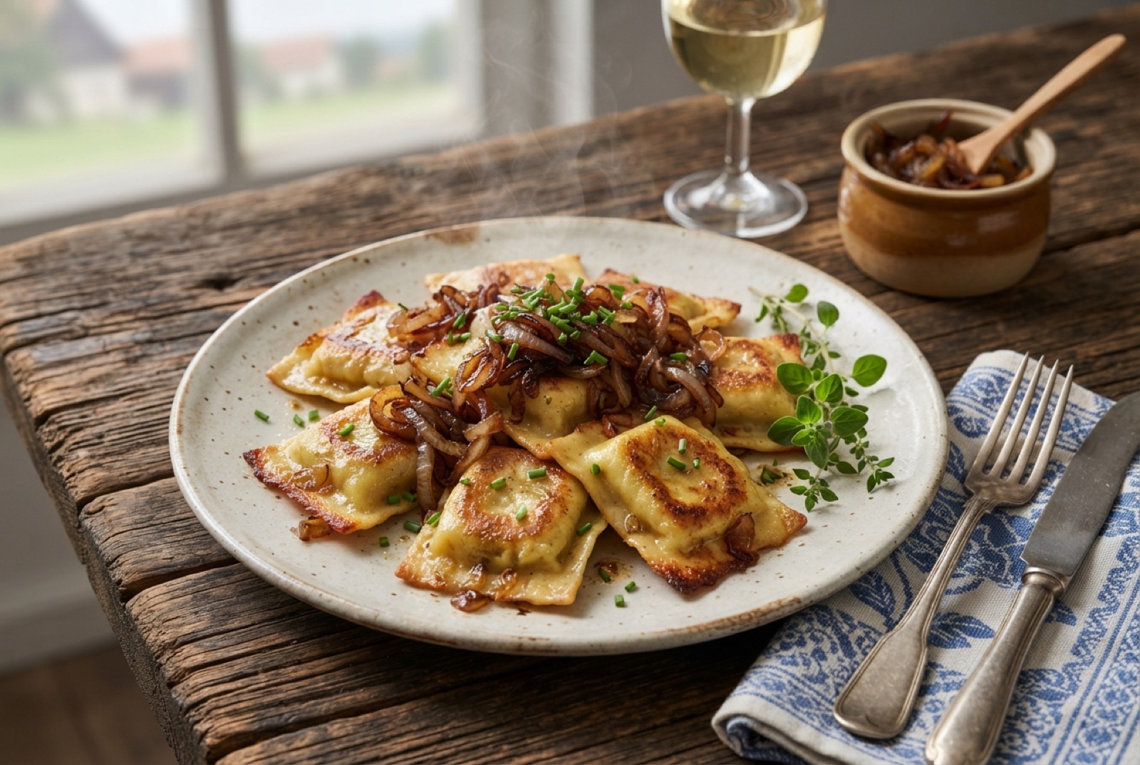 Swabian Maultaschen pasta pockets in clear beef broth scattered with chives, one cut open showing spinach filling