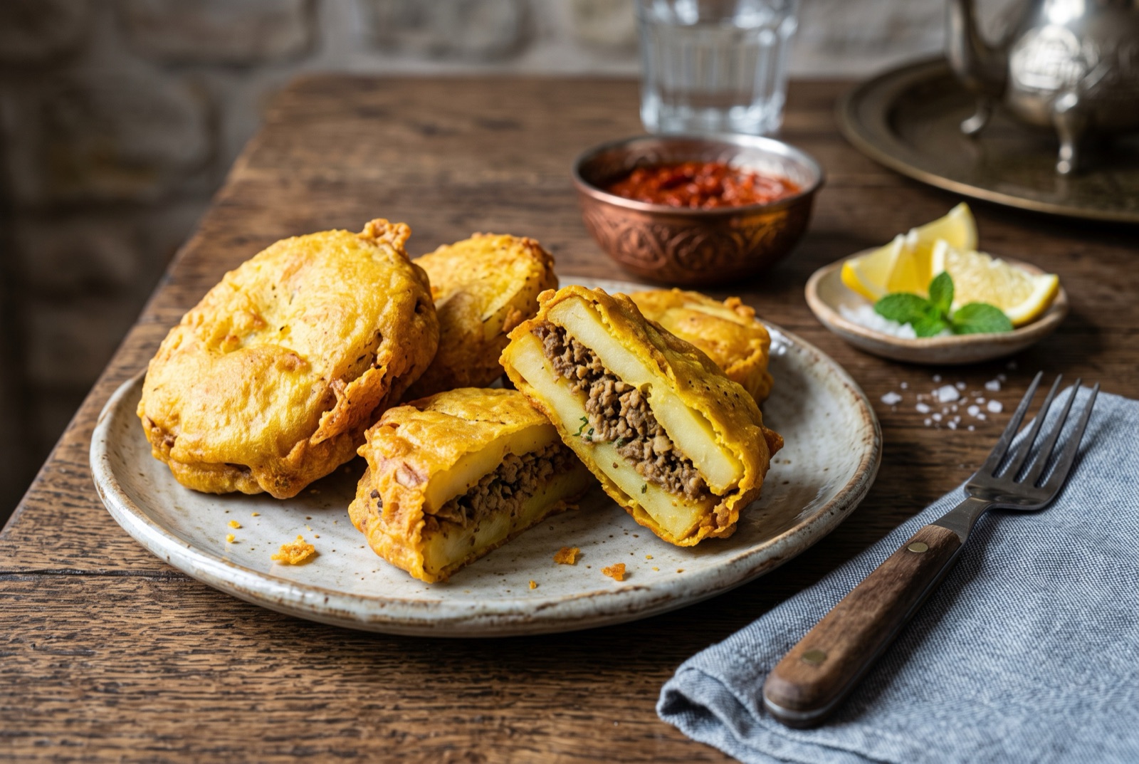 Golden puffed Libyan potato fritters on a rack, one broken open to show the spiced minced meat filling